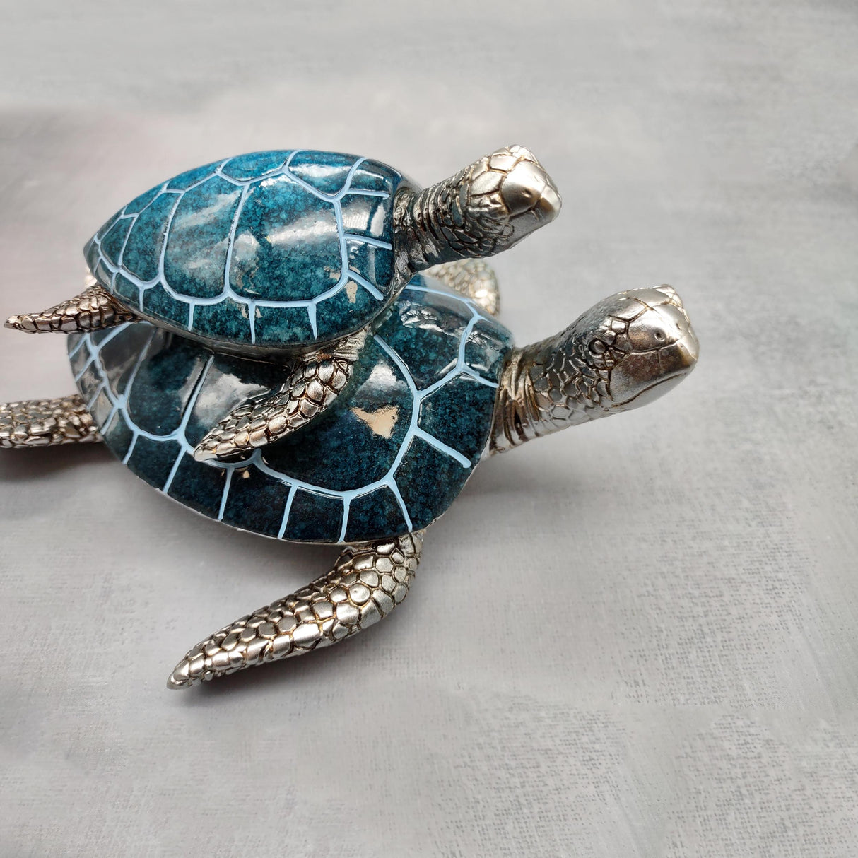 Blue Silver Sea Turtle Pair Resin Figurine (1 turtle approx. 6.5 inches long) Blue Silver Sea Turtle Pair Figure for coastal home décor!