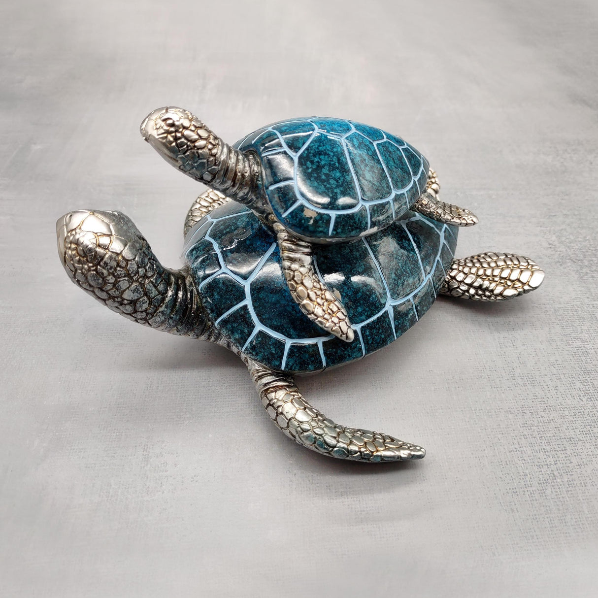 Blue Silver Sea Turtle Pair Resin Figurine (1 turtle approx. 6.5 inches long) Blue Silver Sea Turtle Pair Figure for coastal home décor!