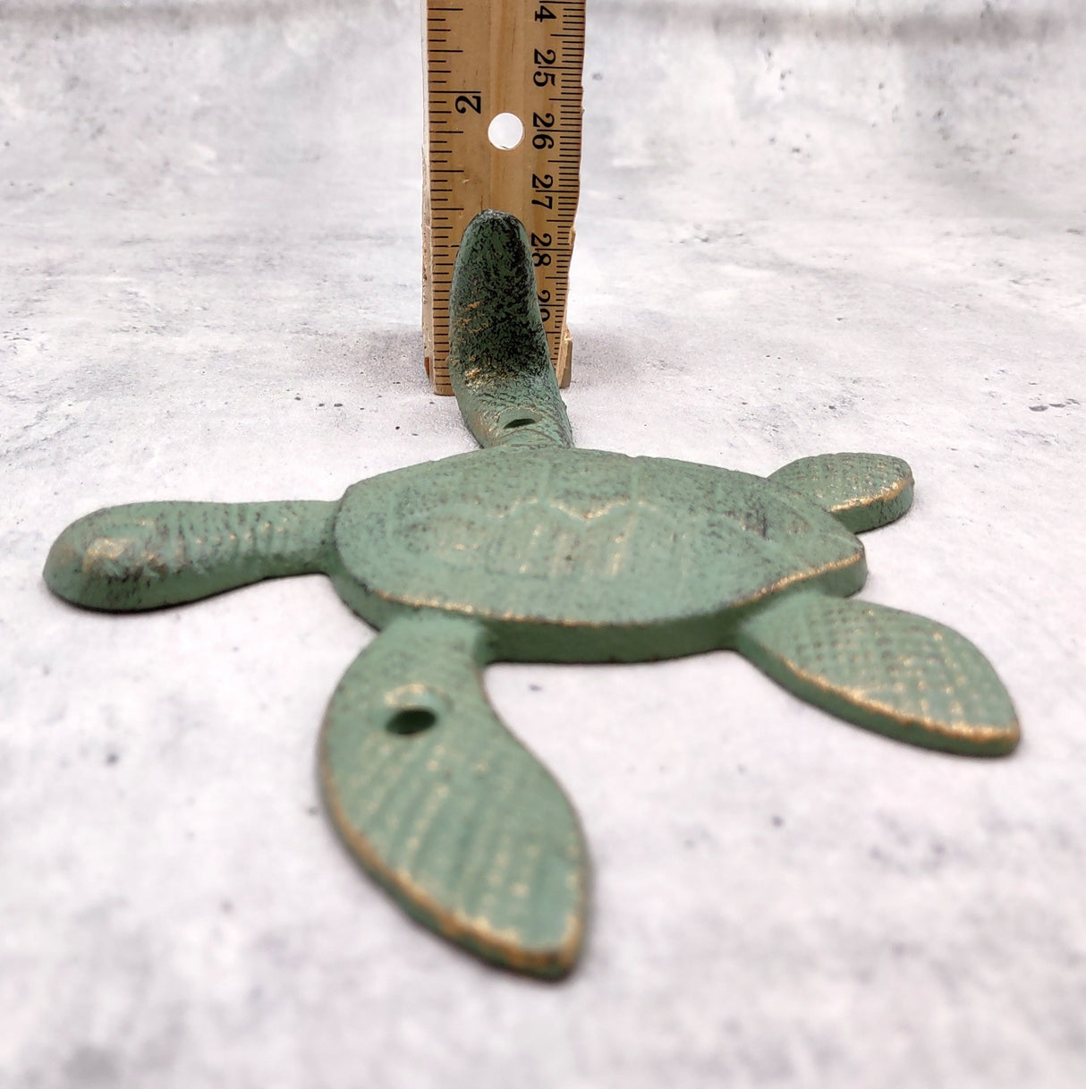 Cast Iron Green Patina Sea Turtle Wall Hook (1 cast iron hook approx. 6+ inches) Verdigris Sea Turtle Wall Hanger for coastal home decor!