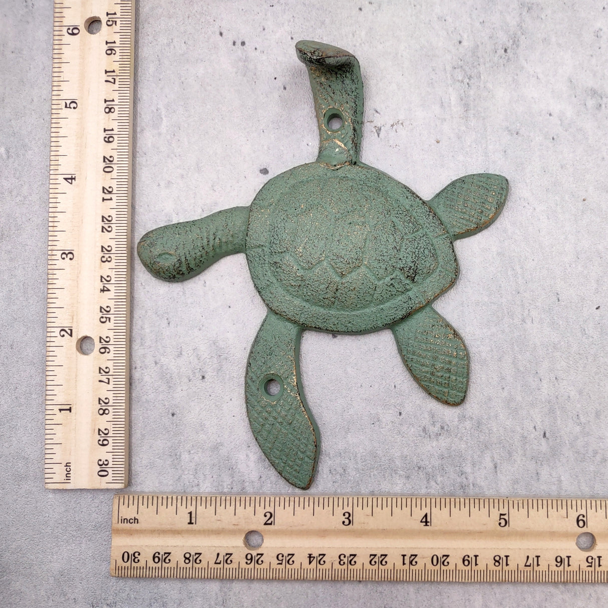 Cast Iron Green Patina Sea Turtle Wall Hook (1 cast iron hook approx. 6+ inches) Verdigris Sea Turtle Wall Hanger for coastal home decor!