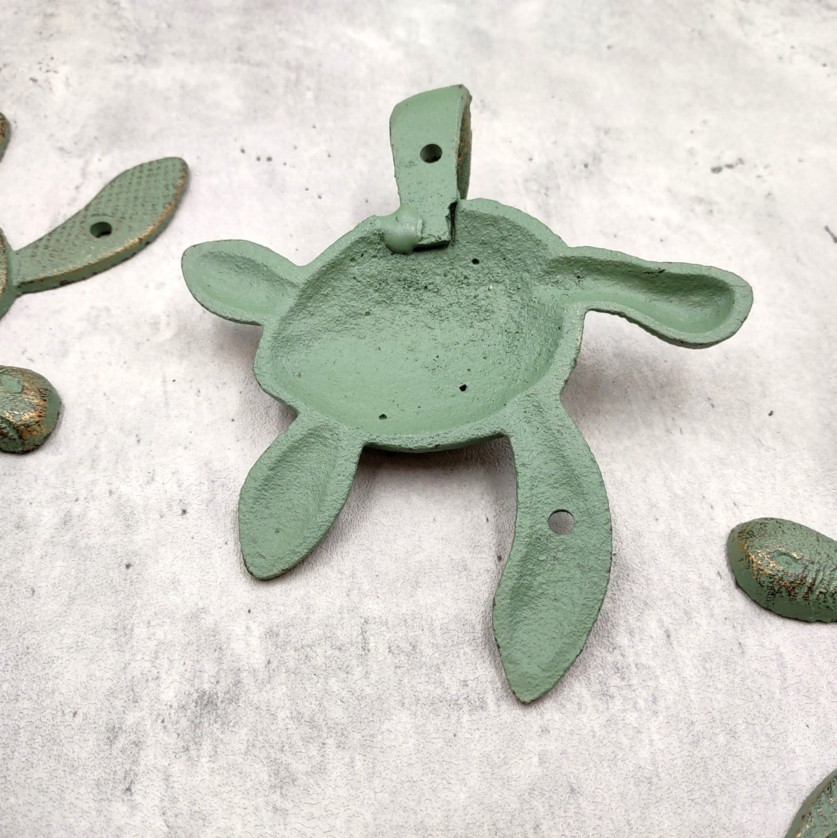 Cast Iron Green Patina Sea Turtle Wall Hook (1 cast iron hook approx. 6+ inches) Verdigris Sea Turtle Wall Hanger for coastal home decor!