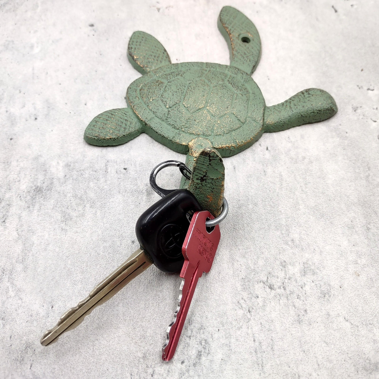 Cast Iron Green Patina Sea Turtle Wall Hook (1 cast iron hook approx. 6+ inches) Verdigris Sea Turtle Wall Hanger for coastal home decor!