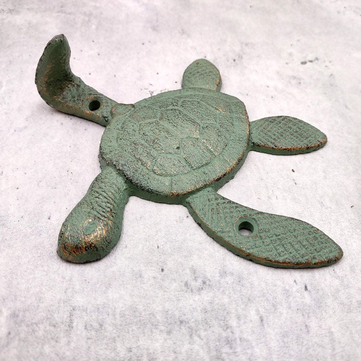 Cast Iron Green Patina Sea Turtle Wall Hook (1 cast iron hook approx. 6+ inches) Verdigris Sea Turtle Wall Hanger for coastal home decor!