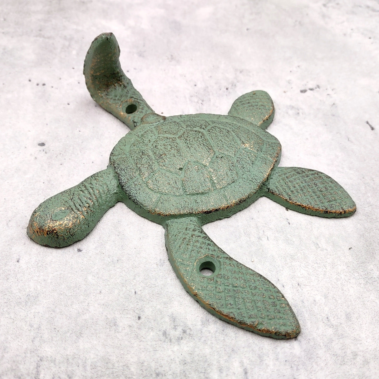 Cast Iron Green Patina Sea Turtle Wall Hook (1 cast iron hook approx. 6+ inches) Verdigris Sea Turtle Wall Hanger for coastal home decor!