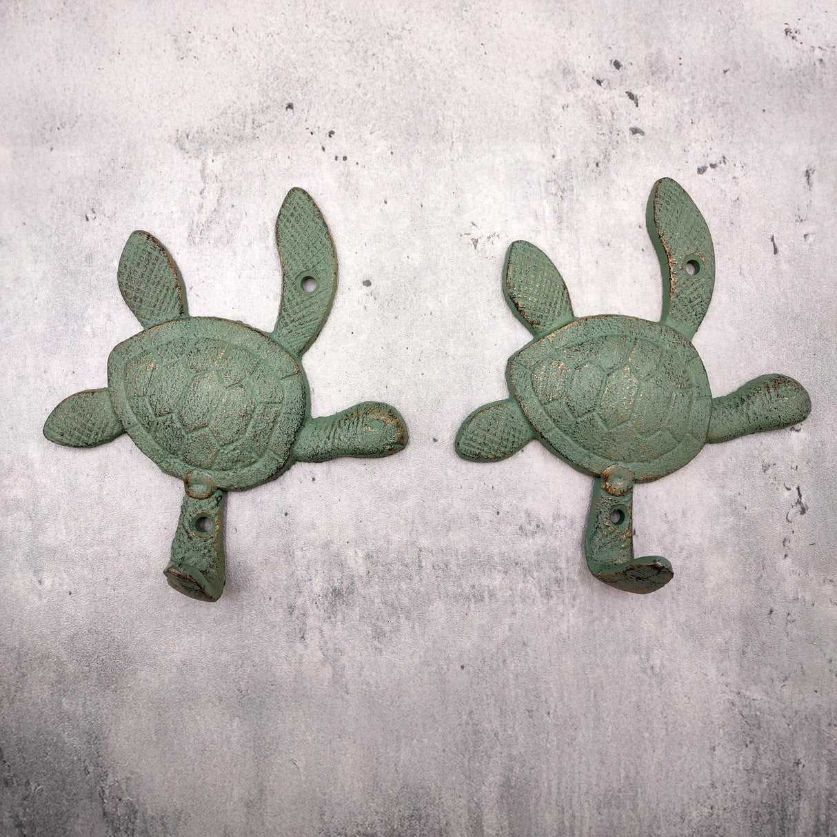 Cast Iron Green Patina Sea Turtle Wall Hook (1 cast iron hook approx. 6+ inches) Verdigris Sea Turtle Wall Hanger for coastal home decor!