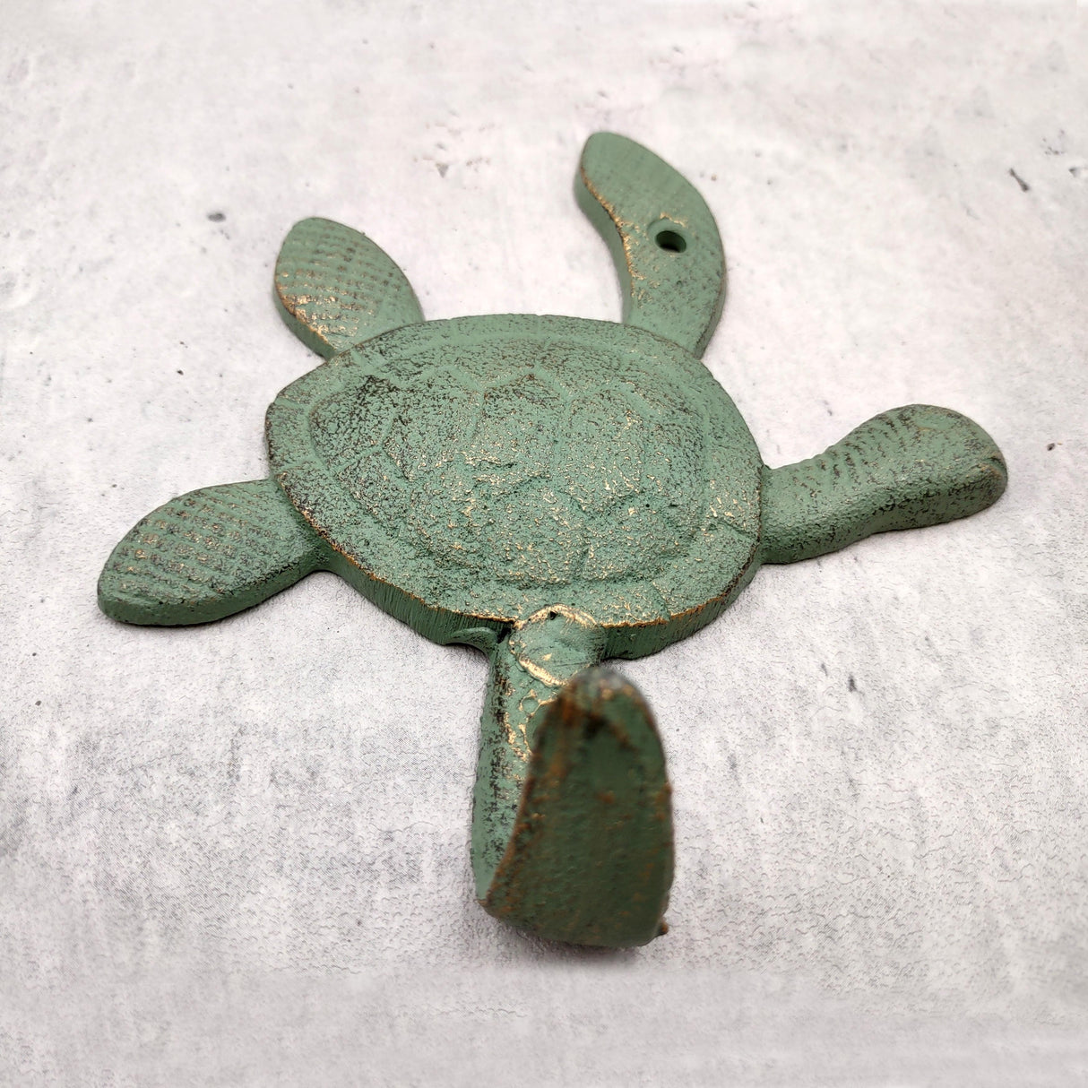 Cast Iron Green Patina Sea Turtle Wall Hook (1 cast iron hook approx. 6+ inches) Verdigris Sea Turtle Wall Hanger for coastal home decor!