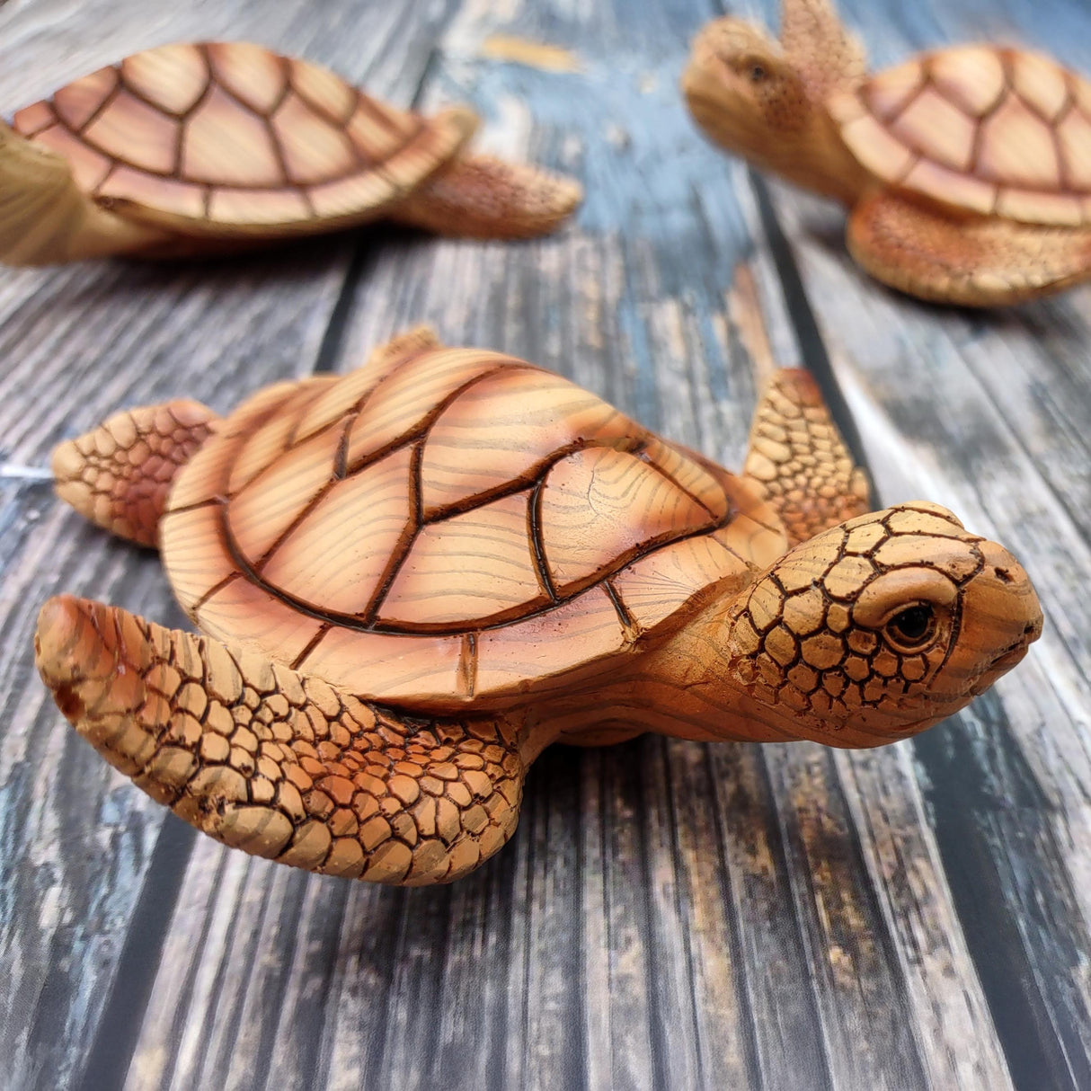 Sea Turtle Figurine Brown Wood Style (1 turtle approx. 5+ inches) Resin Sea Turtle Figure for coastal beach home display & decoration!