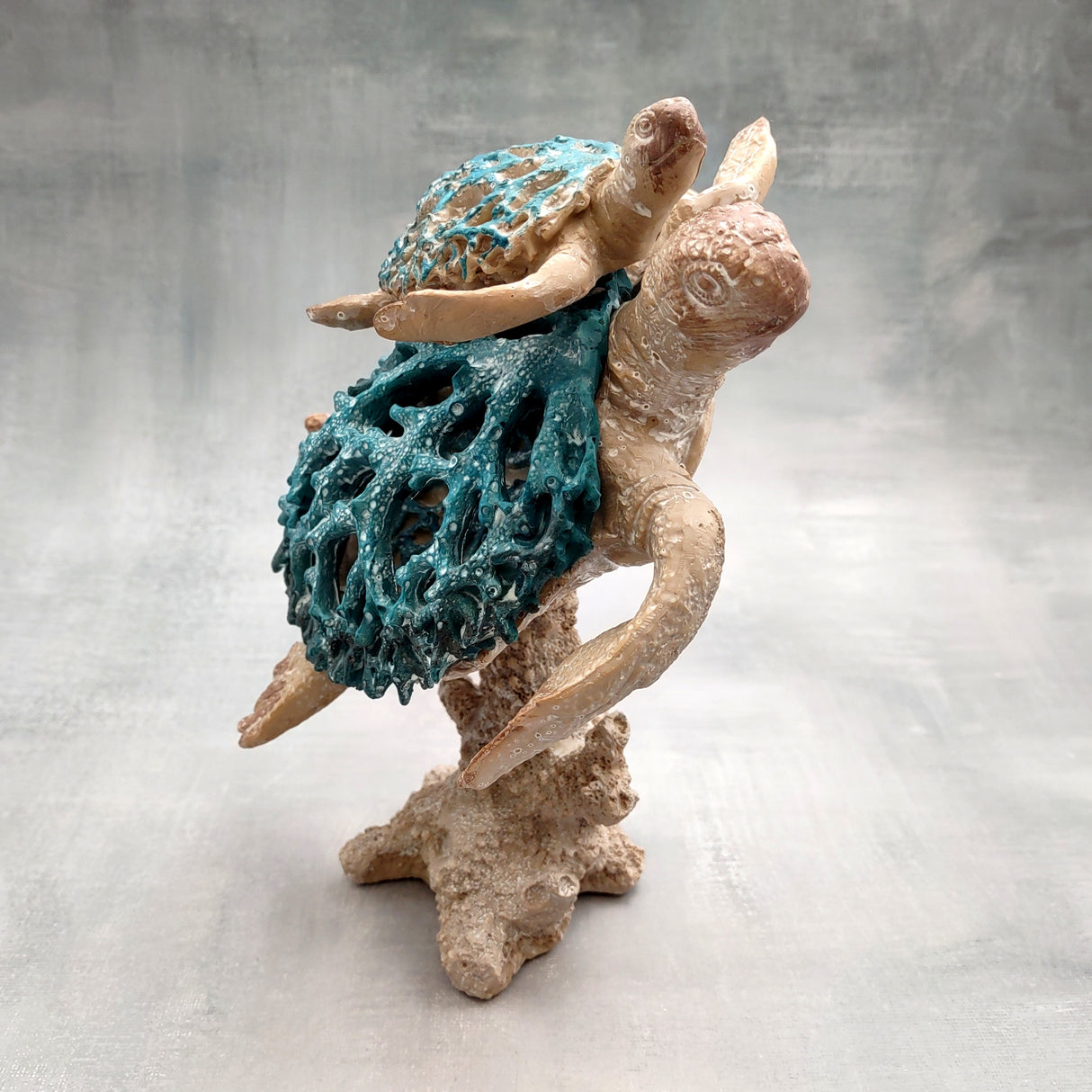 Sea Blue Mom & Baby Sea Turtles on Coral Figure (1 figure approx. 8+ inches tall) Blue Grey Sea Turtle Pair Figure for coastal home decor!