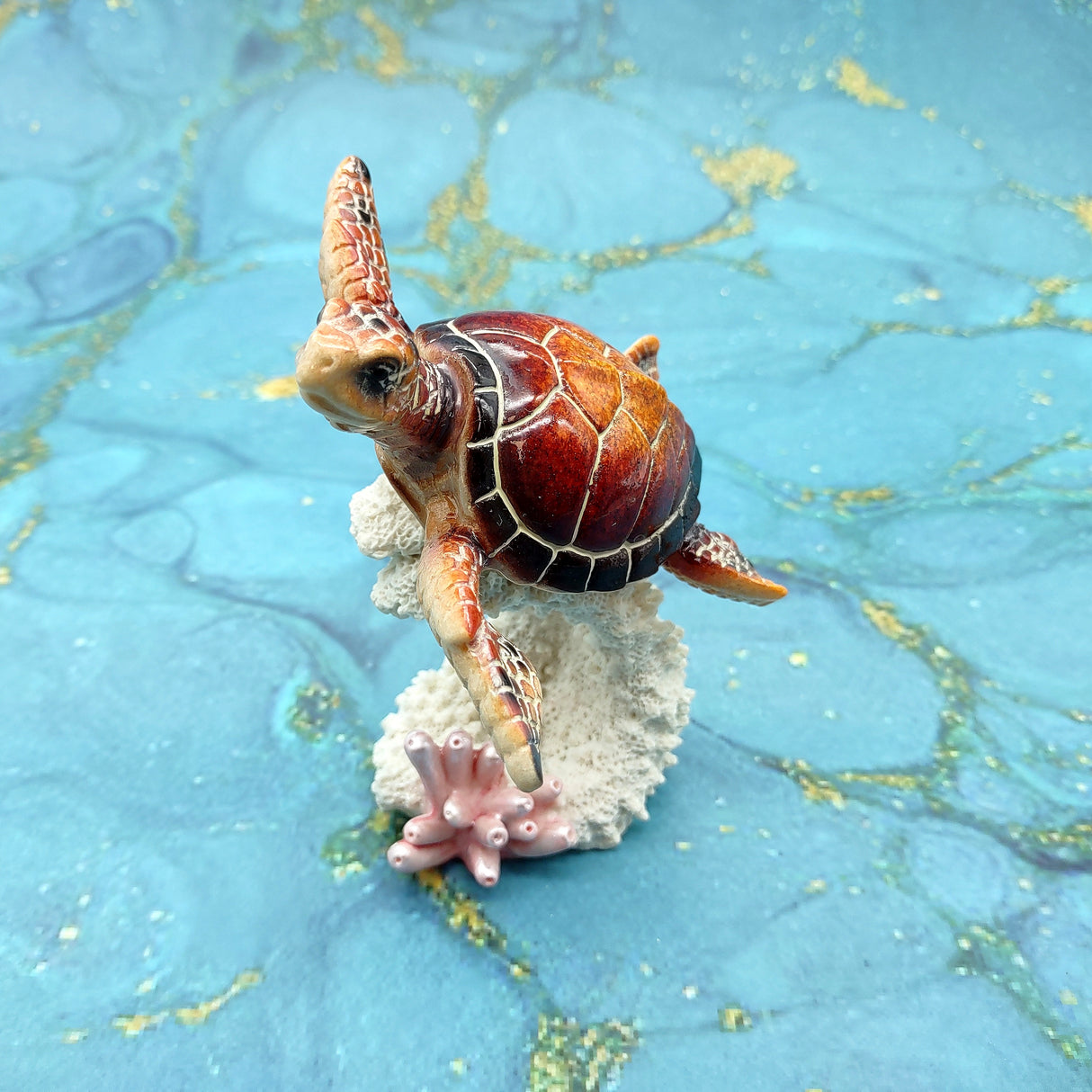 Red Orange Turtle Painted Resin Figurine on Coral (1 turtle approx. 5+ inches) Red Painted Resin Turtle Figure for coastal home decor!