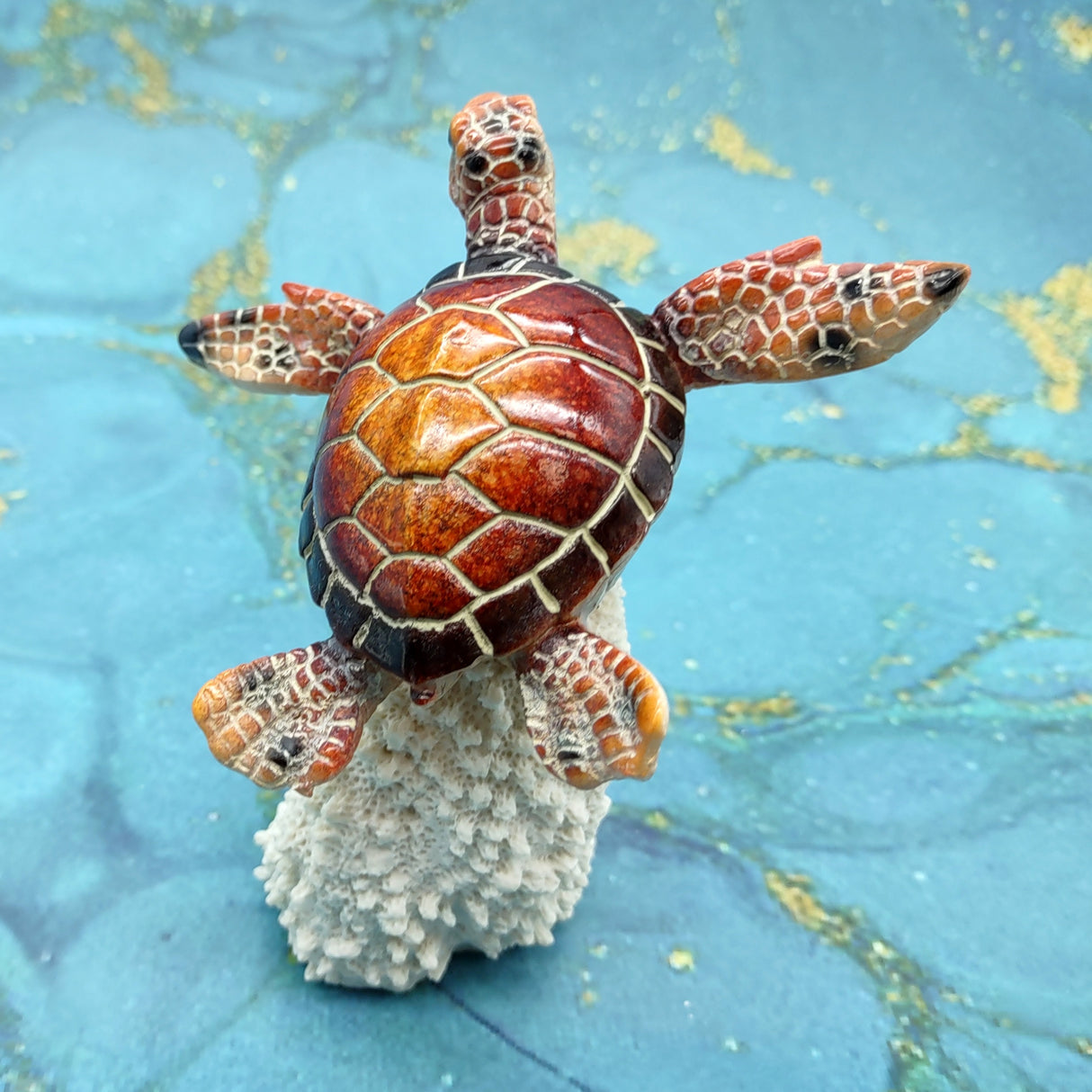 Red Orange Turtle Painted Resin Figurine on Coral (1 turtle approx. 5+ inches) Red Painted Resin Turtle Figure for coastal home decor!