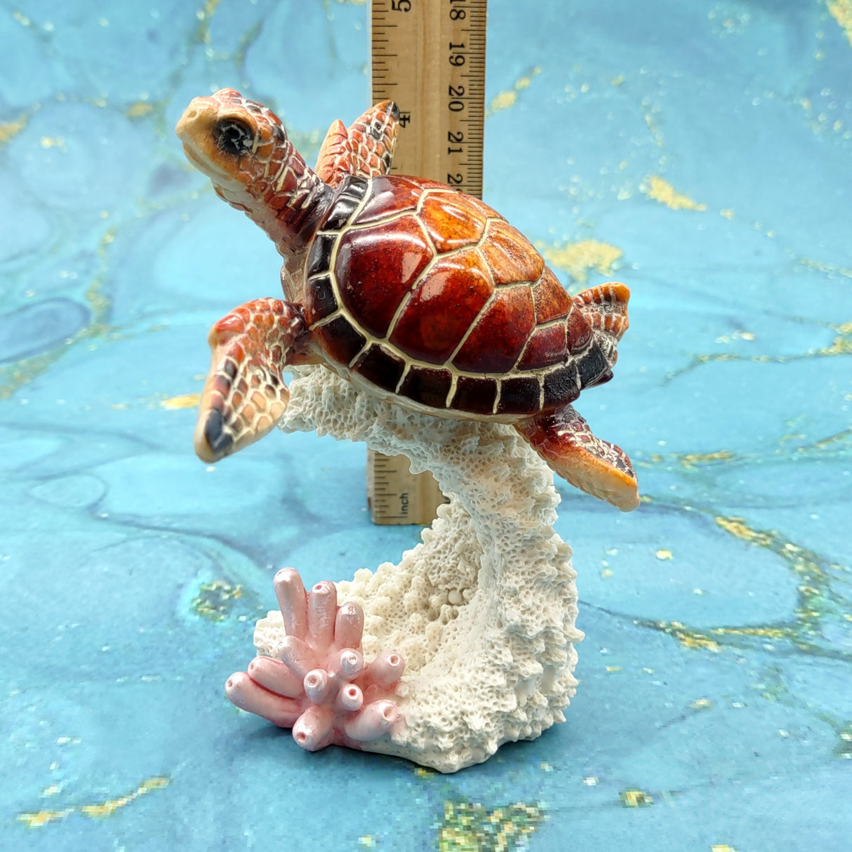 Red Orange Turtle Painted Resin Figurine on Coral (1 turtle approx. 5+ inches) Red Painted Resin Turtle Figure for coastal home decor!