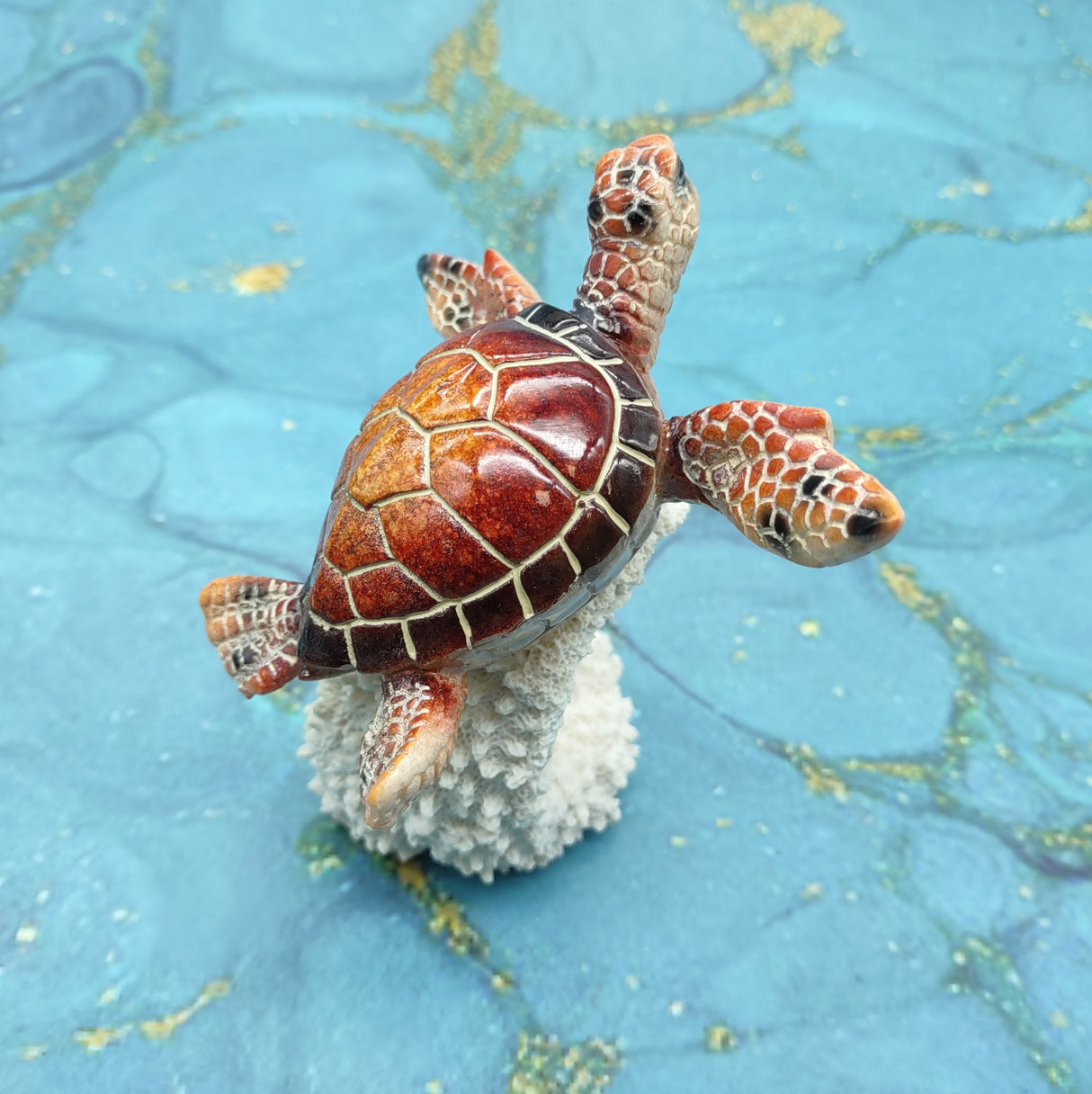Red Orange Turtle Painted Resin Figurine on Coral (1 turtle approx. 5+ inches) Red Painted Resin Turtle Figure for coastal home decor!