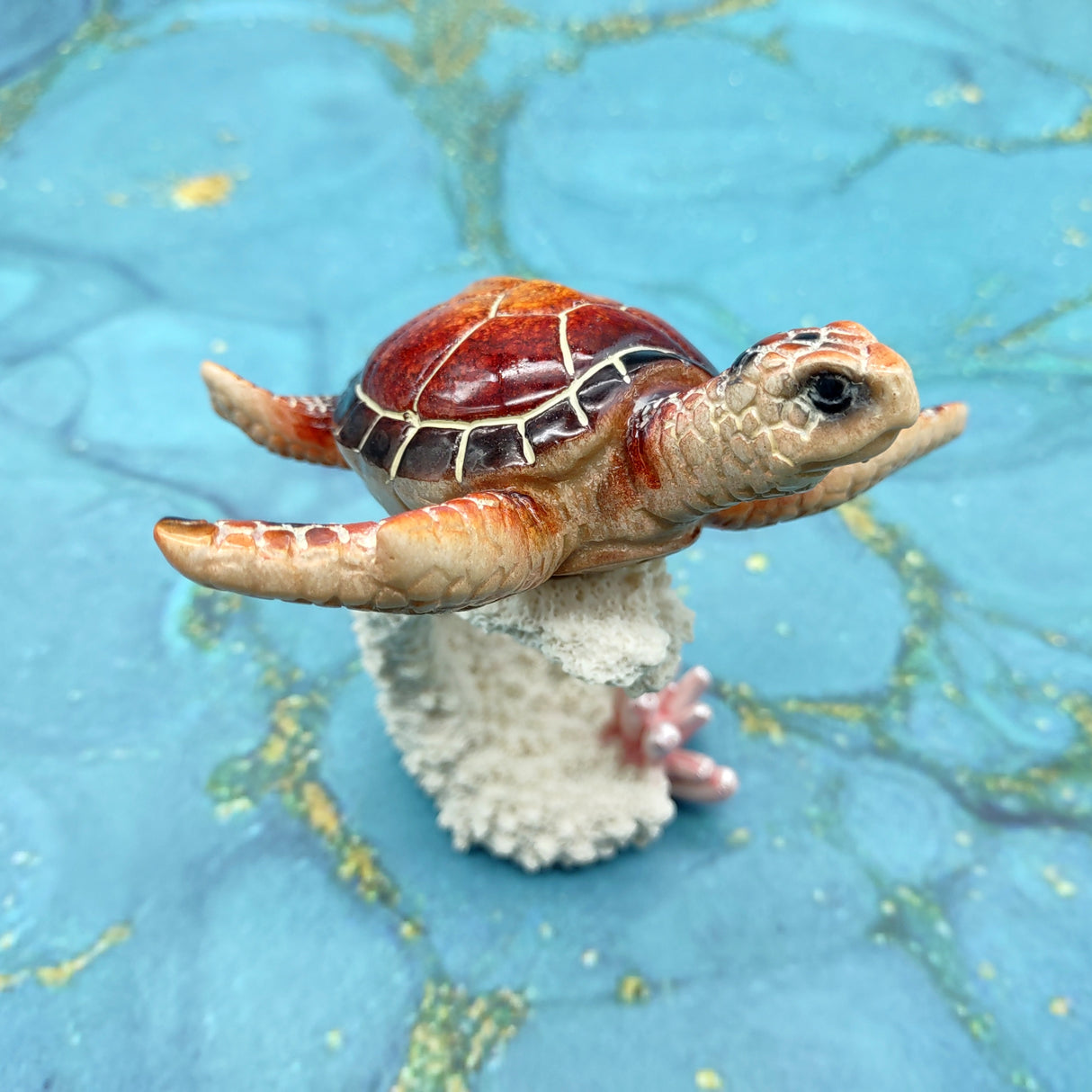 Red Orange Turtle Painted Resin Figurine on Coral (1 turtle approx. 5+ inches) Red Painted Resin Turtle Figure for coastal home decor!