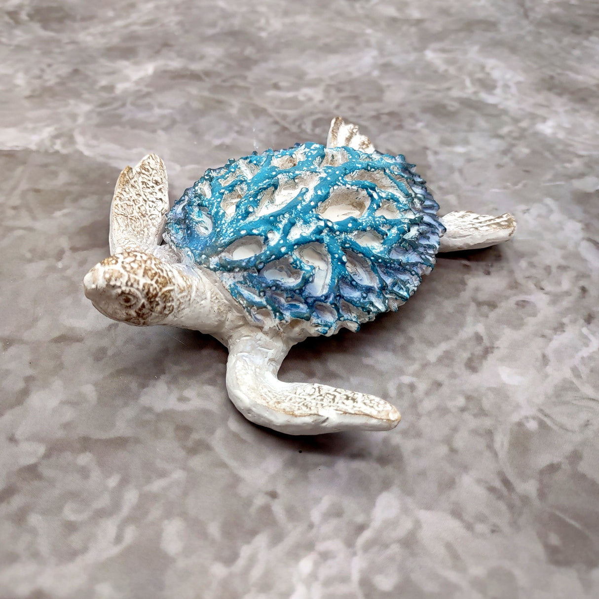 White Sea Turtle Blue Coral Shell Figurine (1 figure approx. 4+ inches) Rough White Blue Sea Turtle Statuette for decor gifts & collecting!