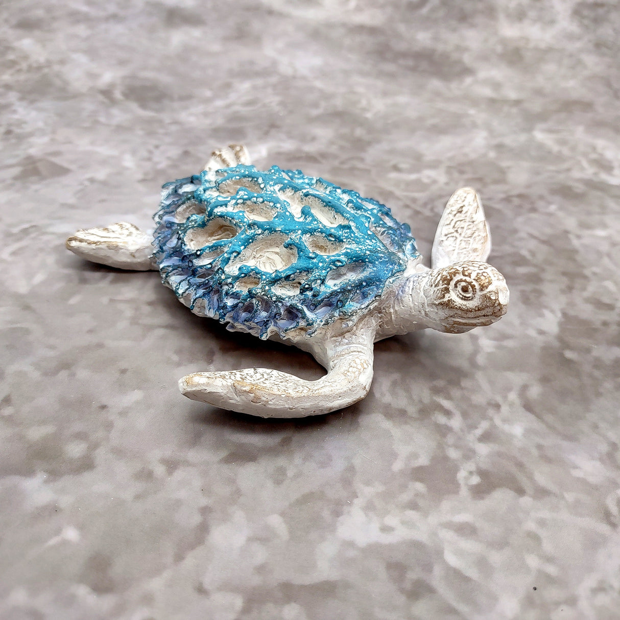 White Sea Turtle Blue Coral Shell Figurine (1 figure approx. 4+ inches) Rough White Blue Sea Turtle Statuette for decor gifts & collecting!