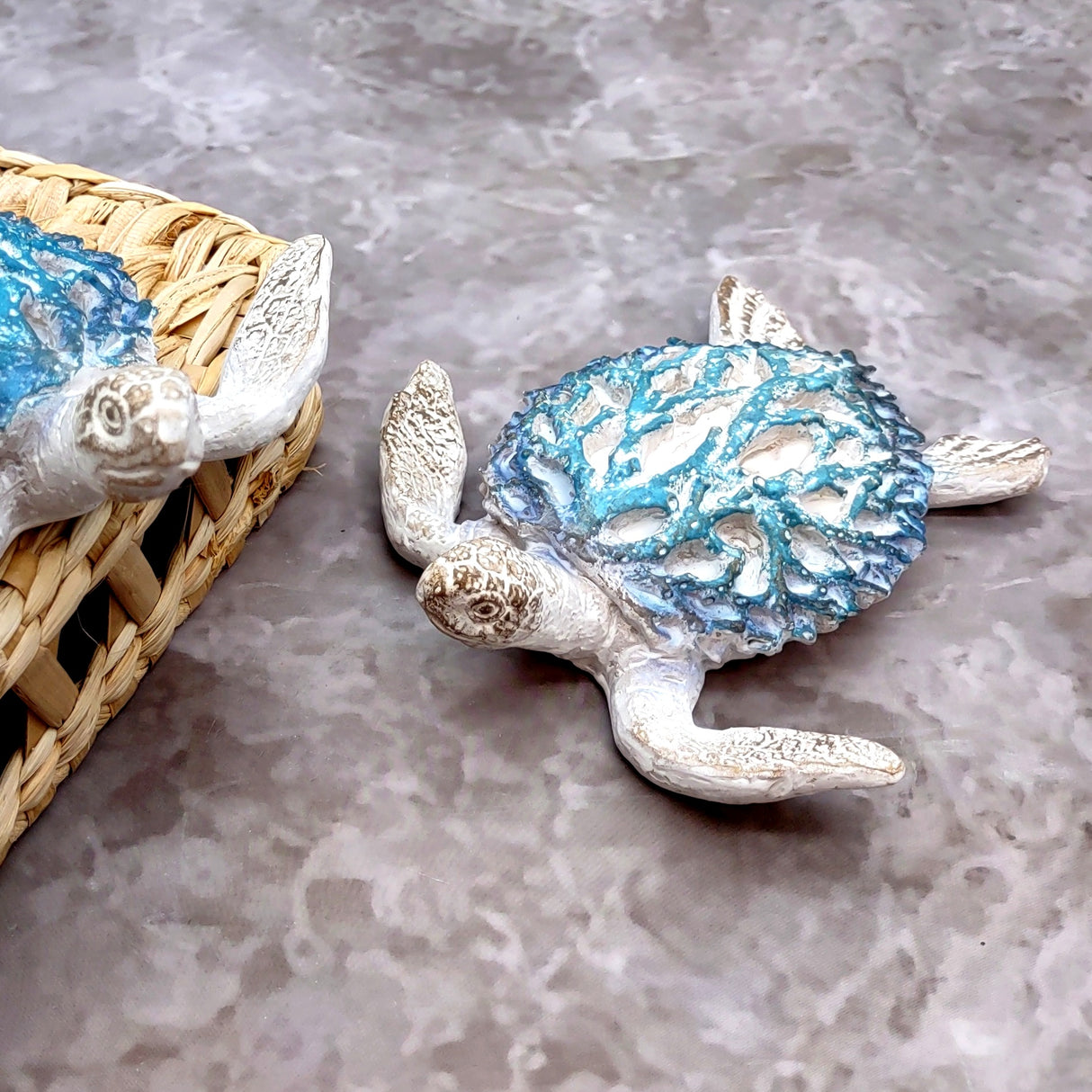 White Sea Turtle Blue Coral Shell Figurine (1 figure approx. 4+ inches) Rough White Blue Sea Turtle Statuette for decor gifts & collecting!