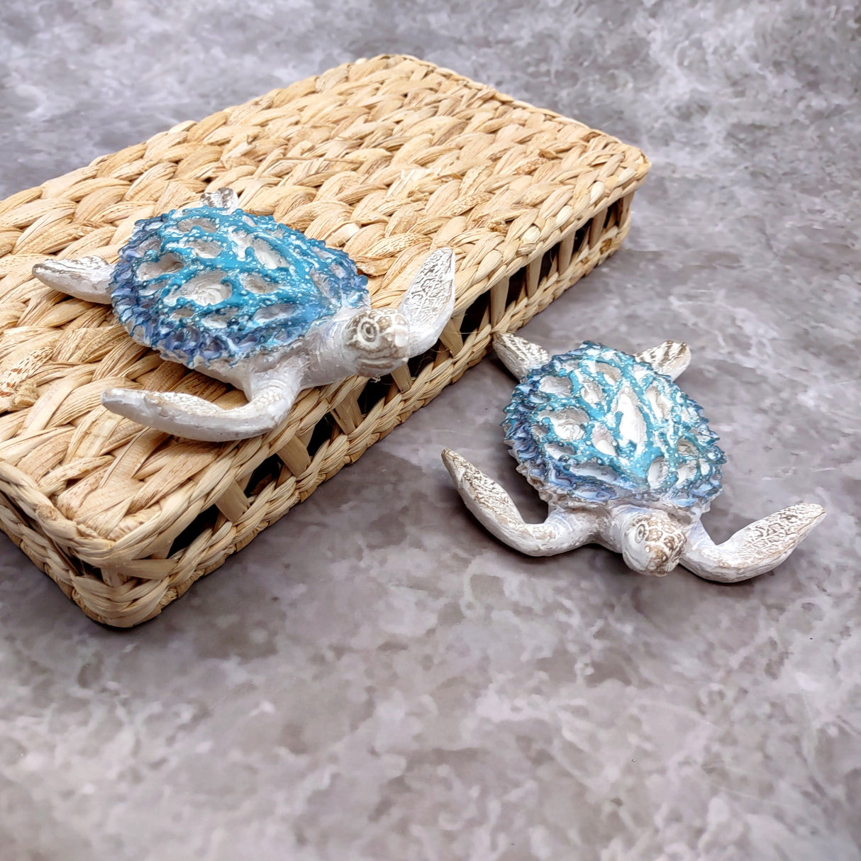 White Sea Turtle Blue Coral Shell Figurine (1 figure approx. 4+ inches) Rough White Blue Sea Turtle Statuette for decor gifts & collecting!