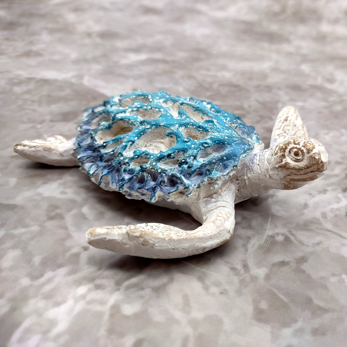 White Sea Turtle Blue Coral Shell Figurine (1 figure approx. 4+ inches) Rough White Blue Sea Turtle Statuette for decor gifts & collecting!
