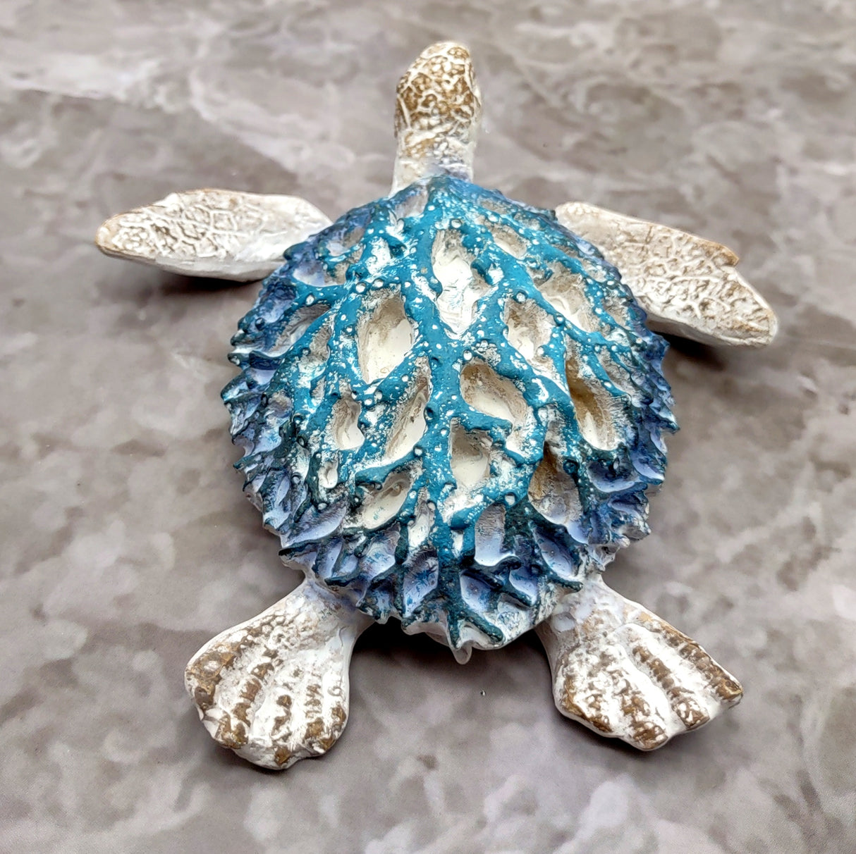 White Sea Turtle Blue Coral Shell Figurine (1 figure approx. 4+ inches) Rough White Blue Sea Turtle Statuette for decor gifts & collecting!