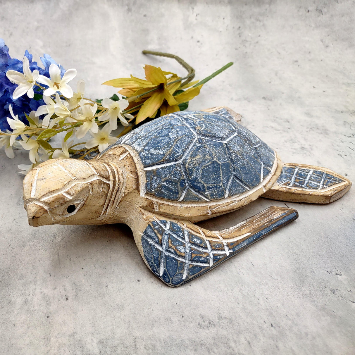 Large Blue Sea Turtle Painted Wood (1 sea turtle approx. 10+ inches) Dark Blue Painted Wooden Sea Turtle Figure for home décor & display!