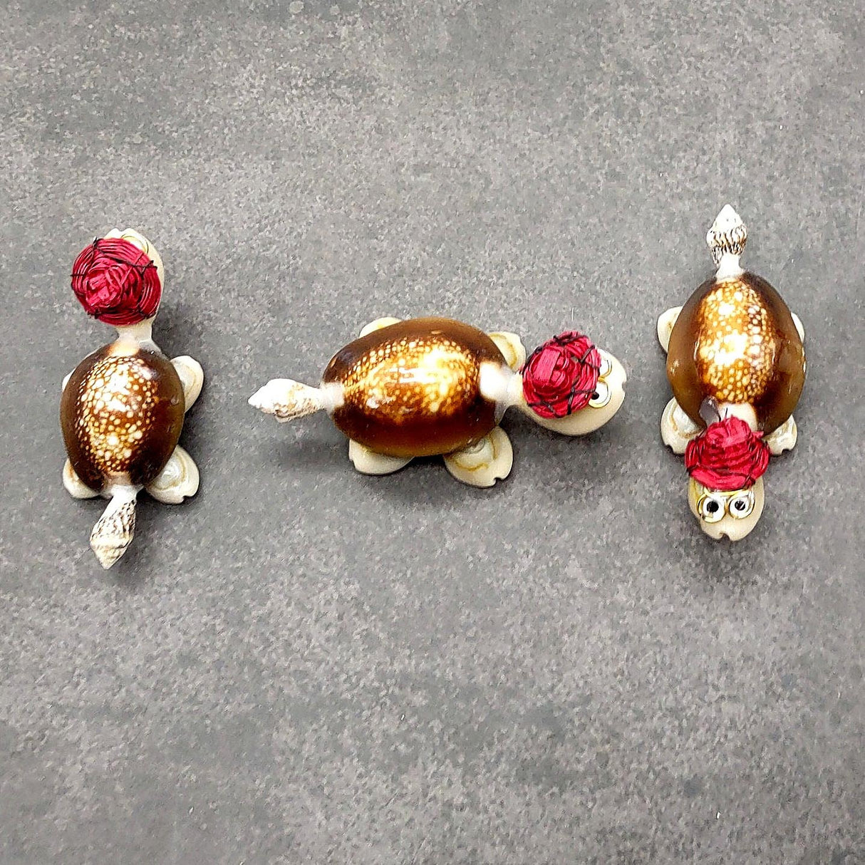 Cowrie Shell Sea Turtle Figurines Red Hat (3 figures approx. 2+ inches) Cute Cowrie Seashell Sea Turtles for gifts decor & display!