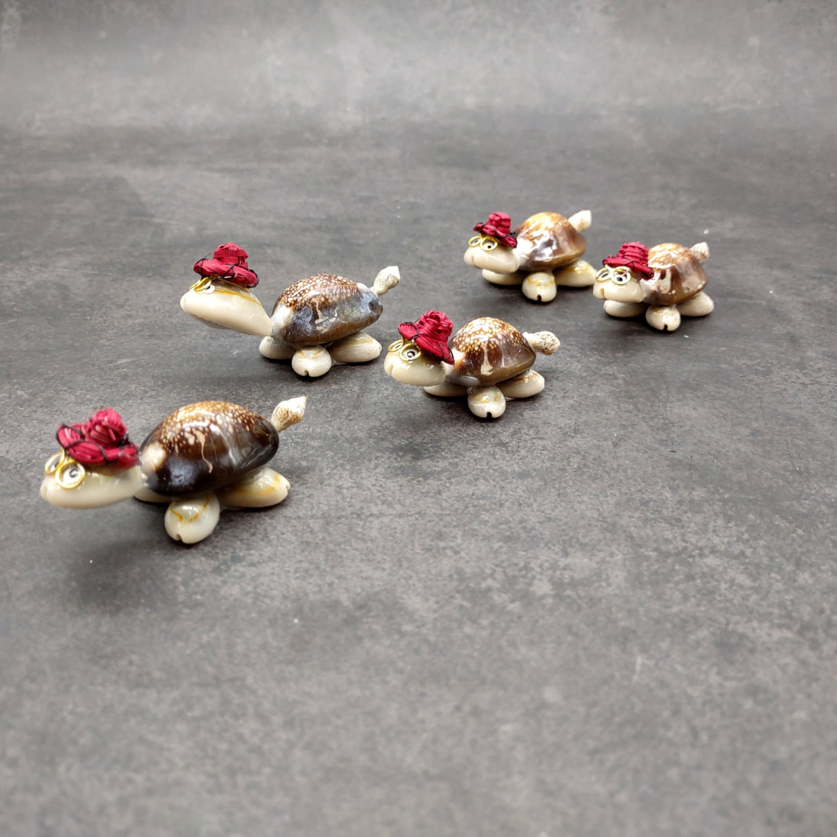 Cowrie Shell Sea Turtle Figurines Red Hat (3 figures approx. 2+ inches) Cute Cowrie Seashell Sea Turtles for gifts decor & display!