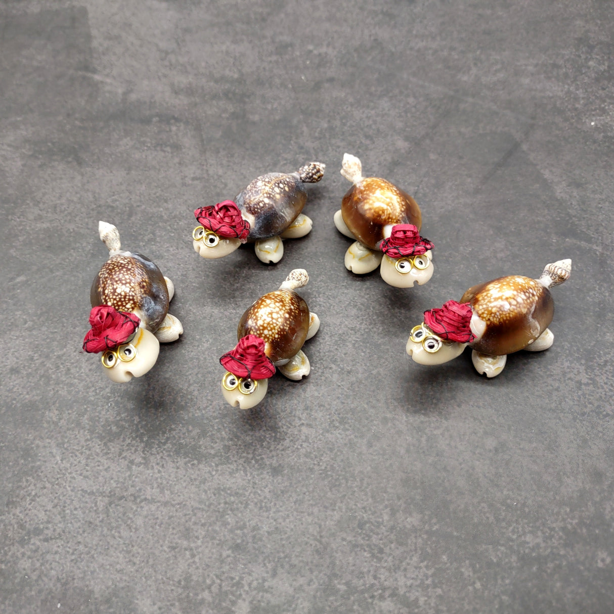 Cowrie Shell Sea Turtle Figurines Red Hat (3 figures approx. 2+ inches) Cute Cowrie Seashell Sea Turtles for gifts decor & display!