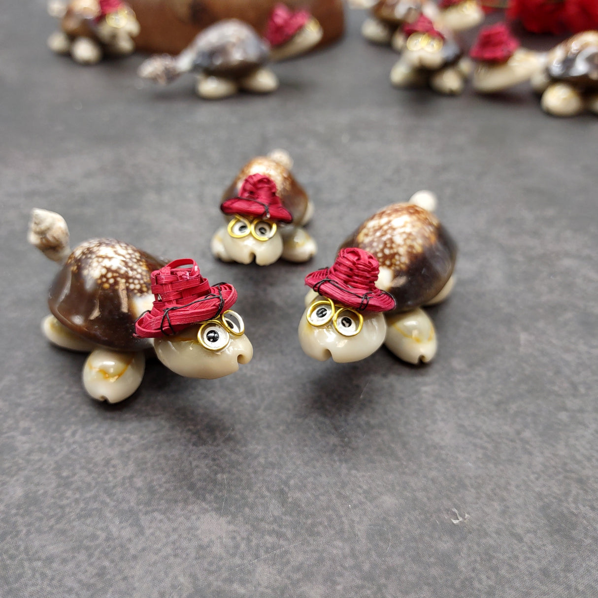 Cowrie Shell Sea Turtle Figurines Red Hat (3 figures approx. 2+ inches) Cute Cowrie Seashell Sea Turtles for gifts decor & display!
