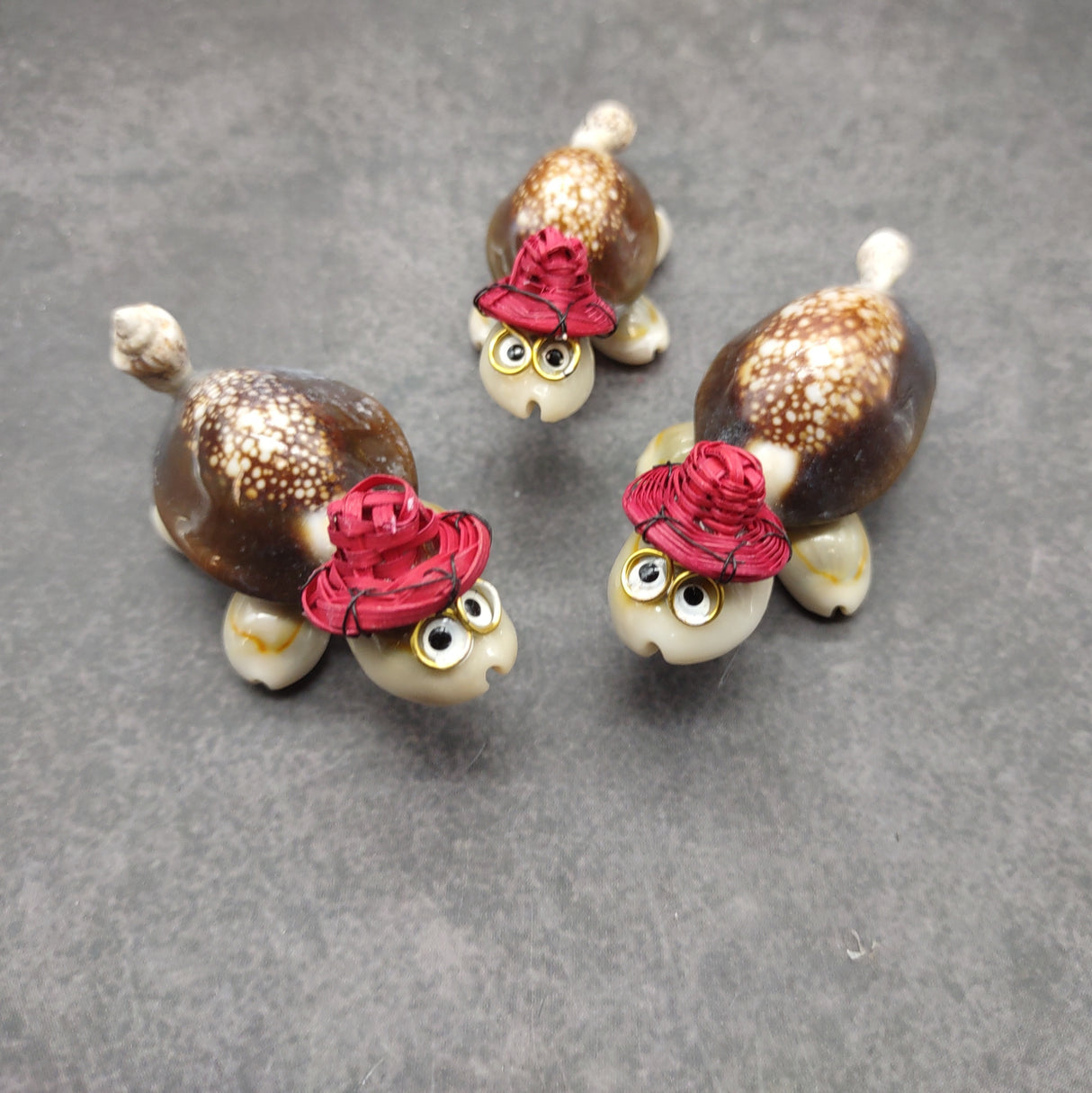 Cowrie Shell Sea Turtle Figurines Red Hat (3 figures approx. 2+ inches) Cute Cowrie Seashell Sea Turtles for gifts decor & display!