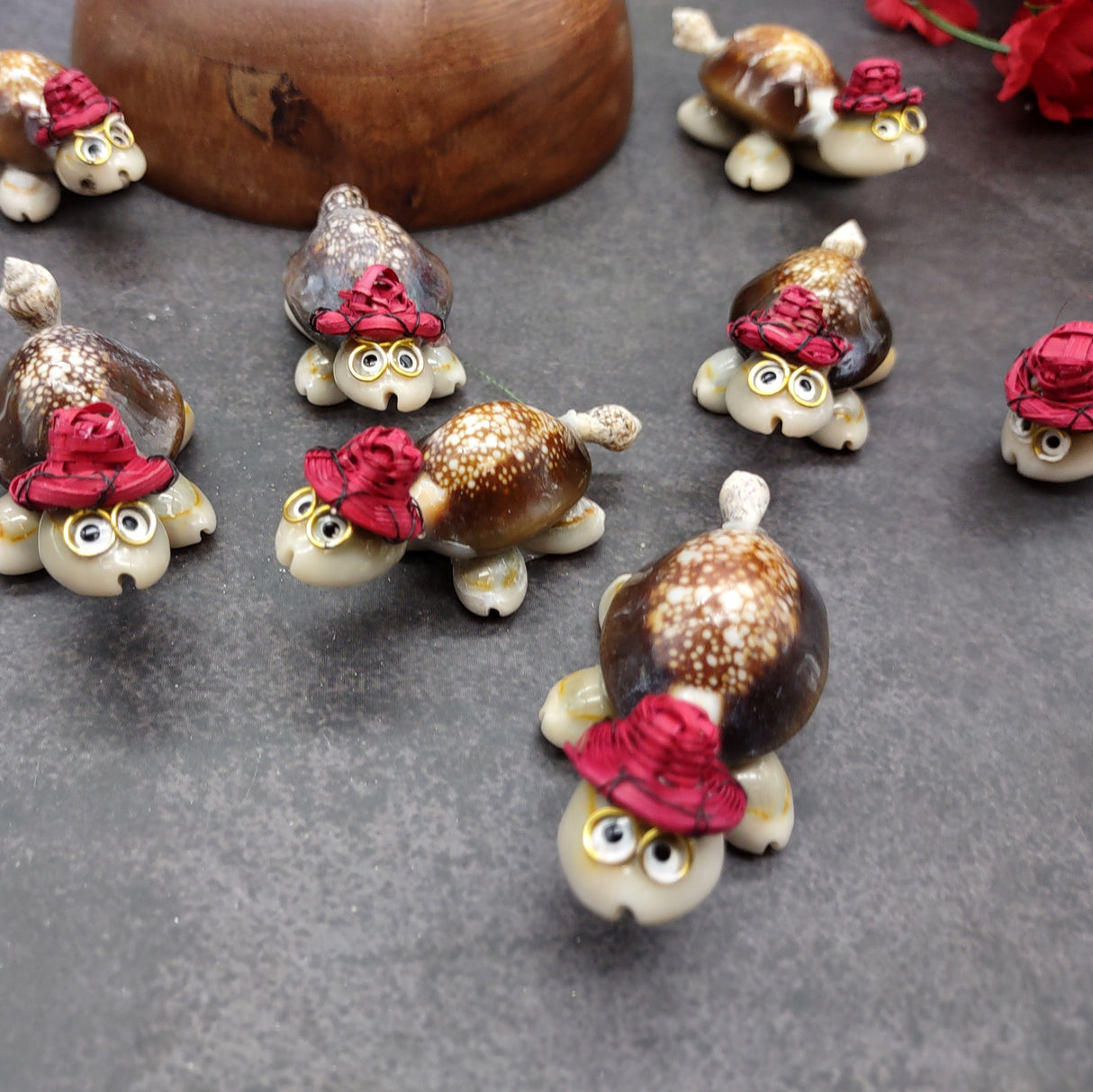 Cowrie Shell Sea Turtle Figurines Red Hat (3 figures approx. 2+ inches) Cute Cowrie Seashell Sea Turtles for gifts decor & display!