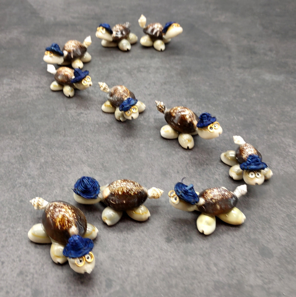 Cowrie Shell Sea Turtle Figurines Dark Blue Hat (3 figures approx. 2+ inches) Cute Cowrie Seashell Sea Turtles for gifts decor & display!