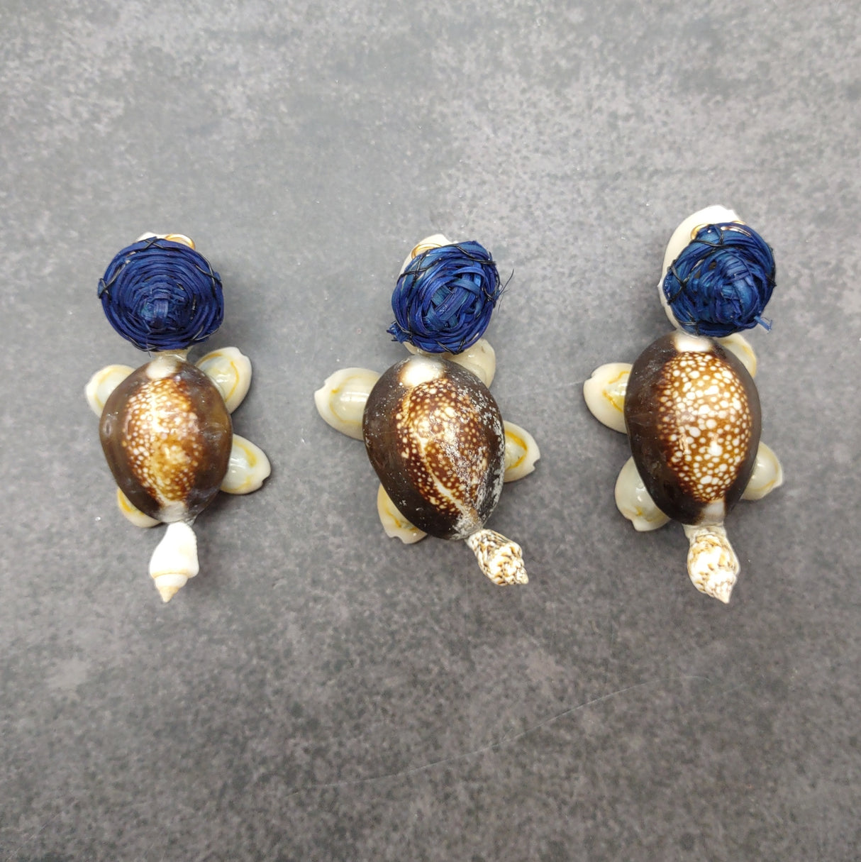 Cowrie Shell Sea Turtle Figurines Dark Blue Hat (3 figures approx. 2+ inches) Cute Cowrie Seashell Sea Turtles for gifts decor & display!