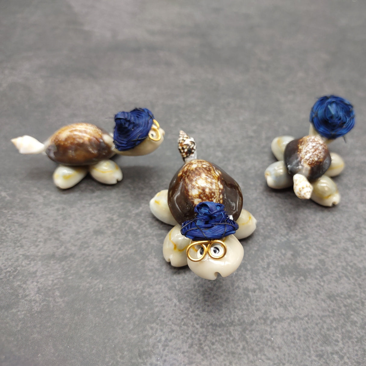 Cowrie Shell Sea Turtle Figurines Dark Blue Hat (3 figures approx. 2+ inches) Cute Cowrie Seashell Sea Turtles for gifts decor & display!