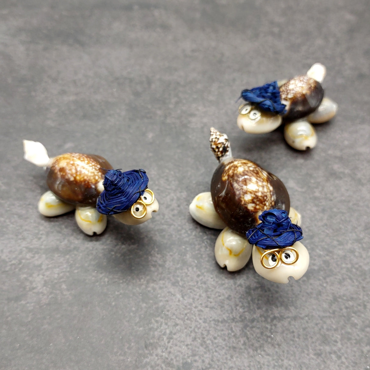 Cowrie Shell Sea Turtle Figurines Dark Blue Hat (3 figures approx. 2+ inches) Cute Cowrie Seashell Sea Turtles for gifts decor & display!