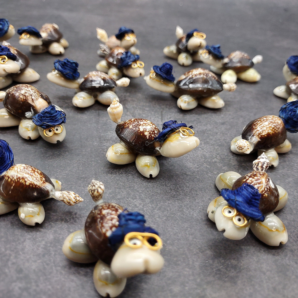 Cowrie Shell Sea Turtle Figurines Dark Blue Hat (3 figures approx. 2+ inches) Cute Cowrie Seashell Sea Turtles for gifts decor & display!