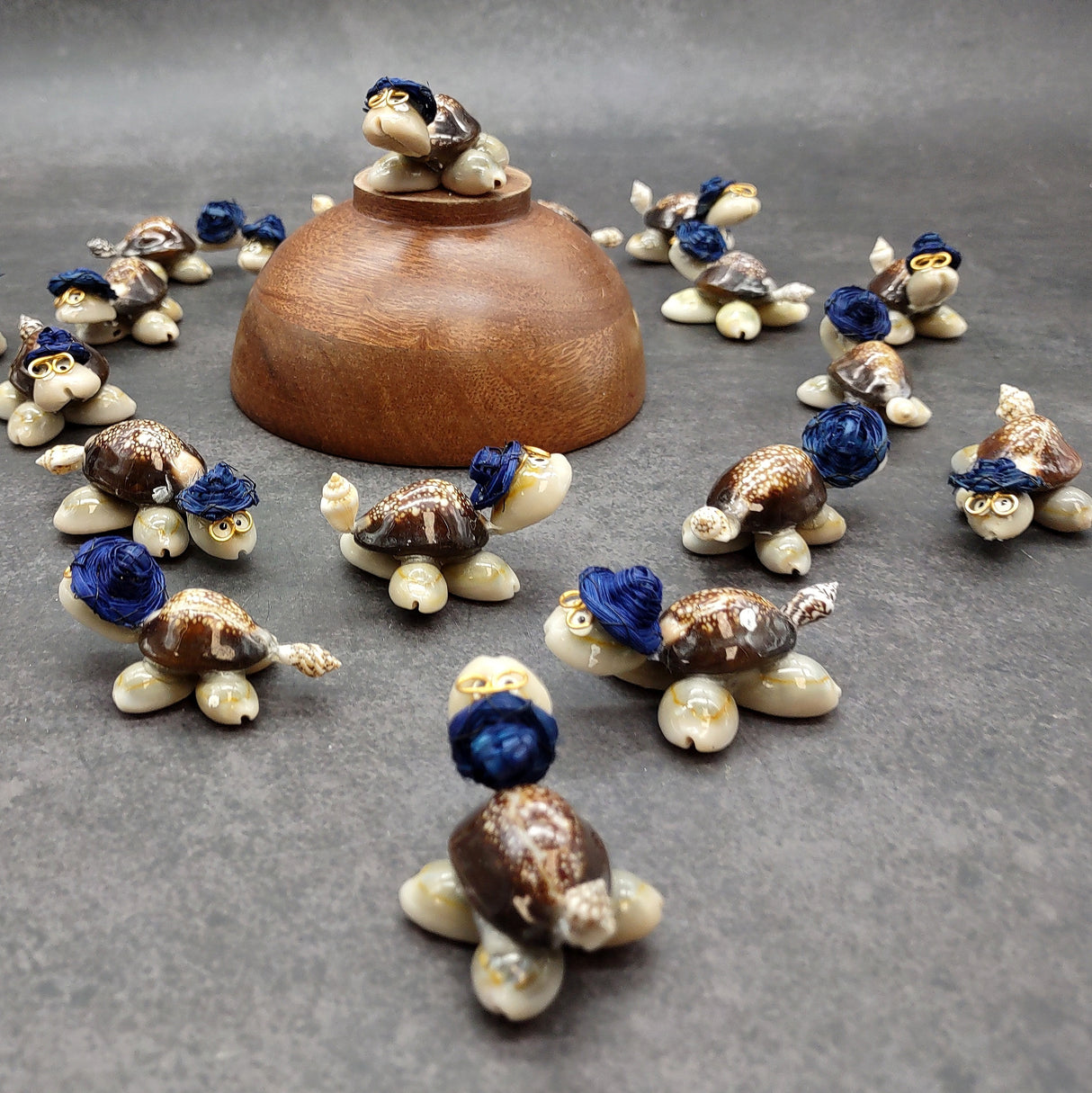 Cowrie Shell Sea Turtle Figurines Dark Blue Hat (3 figures approx. 2+ inches) Cute Cowrie Seashell Sea Turtles for gifts decor & display!