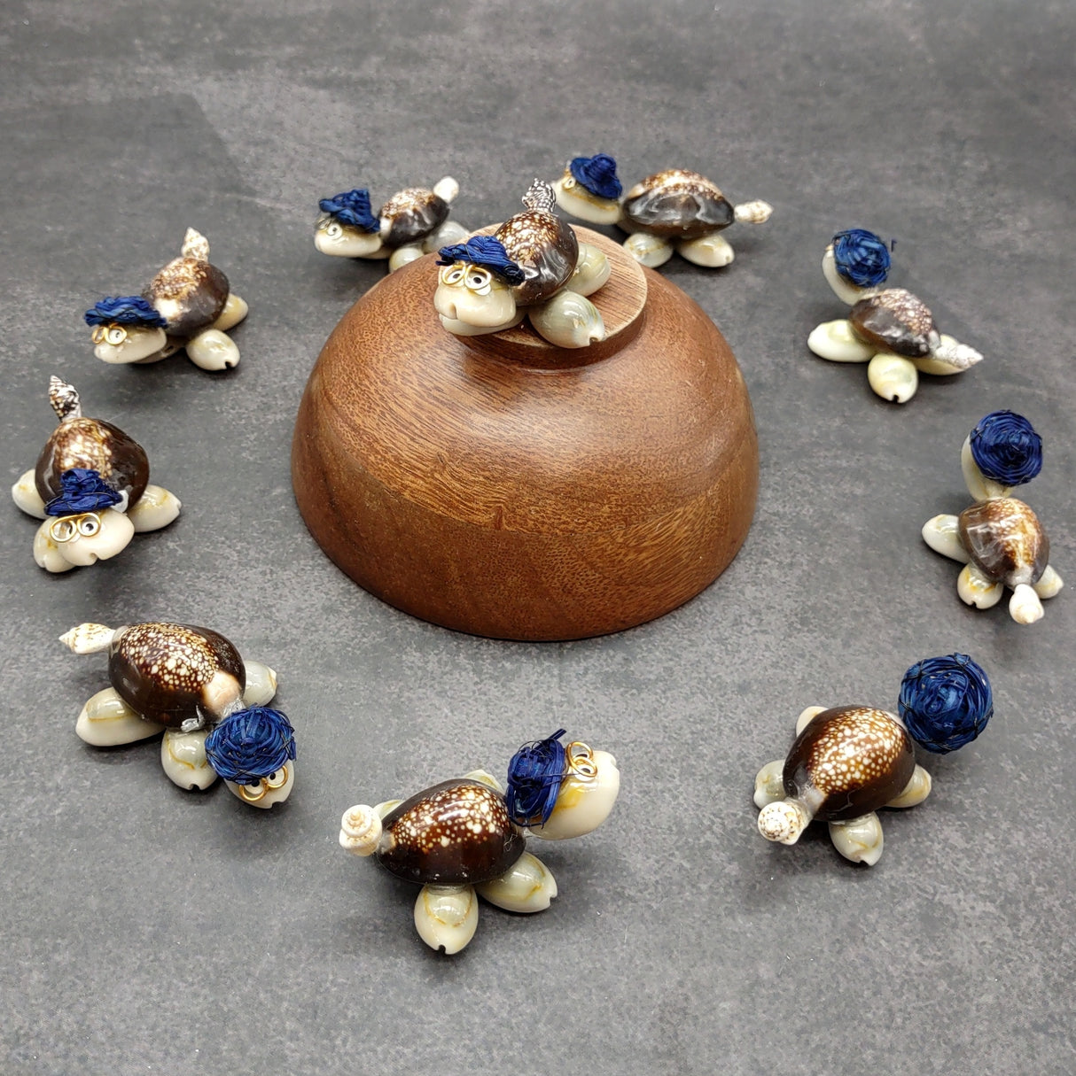 Cowrie Shell Sea Turtle Figurines Dark Blue Hat (3 figures approx. 2+ inches) Cute Cowrie Seashell Sea Turtles for gifts decor & display!