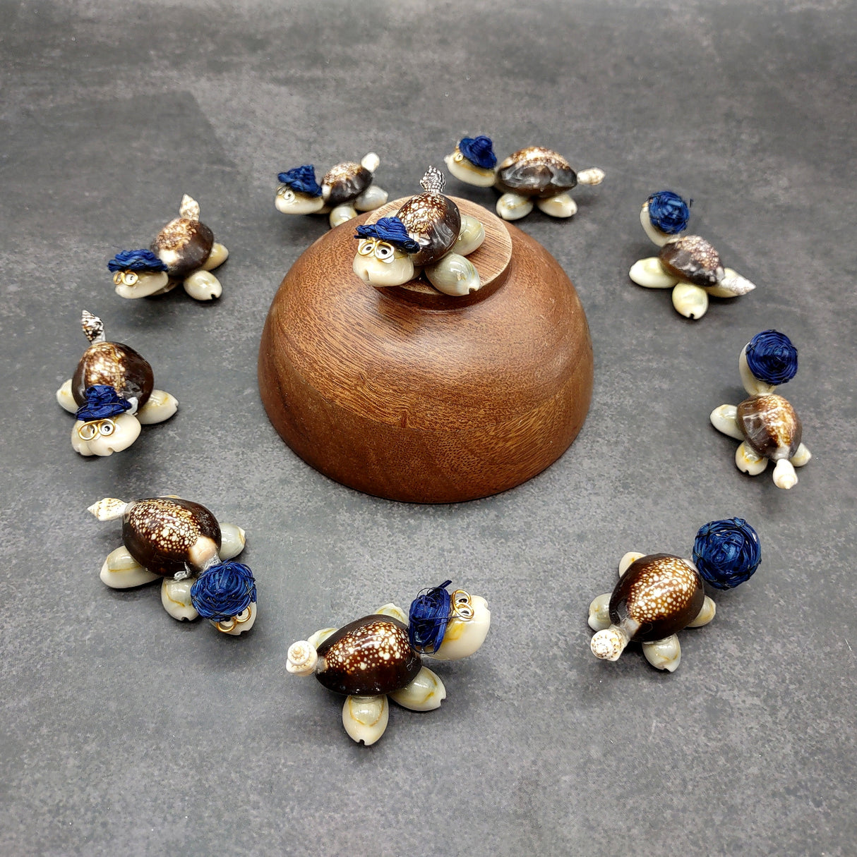 Cowrie Shell Sea Turtle Figurines Dark Blue Hat (3 figures approx. 2+ inches) Cute Cowrie Seashell Sea Turtles for gifts decor & display!