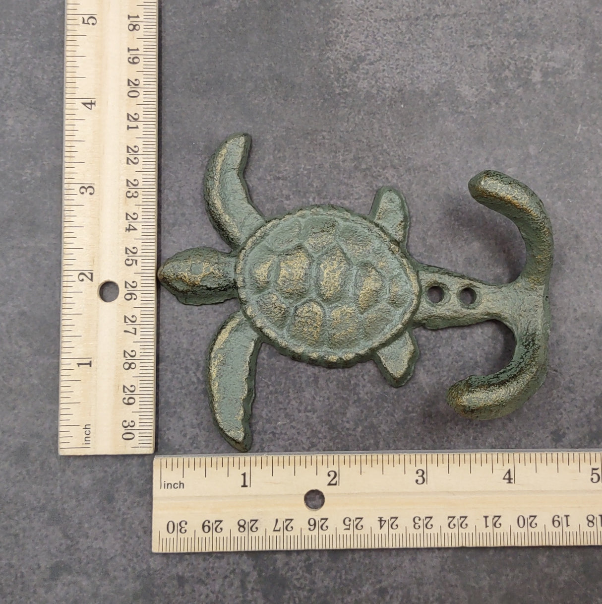 Cast Iron Sea Turtle Wall Hooks Green Gold Patina (1 metal hook approx. 4.75+ inches) Green Sea Turtle Double Wall Hook for coastal decor!