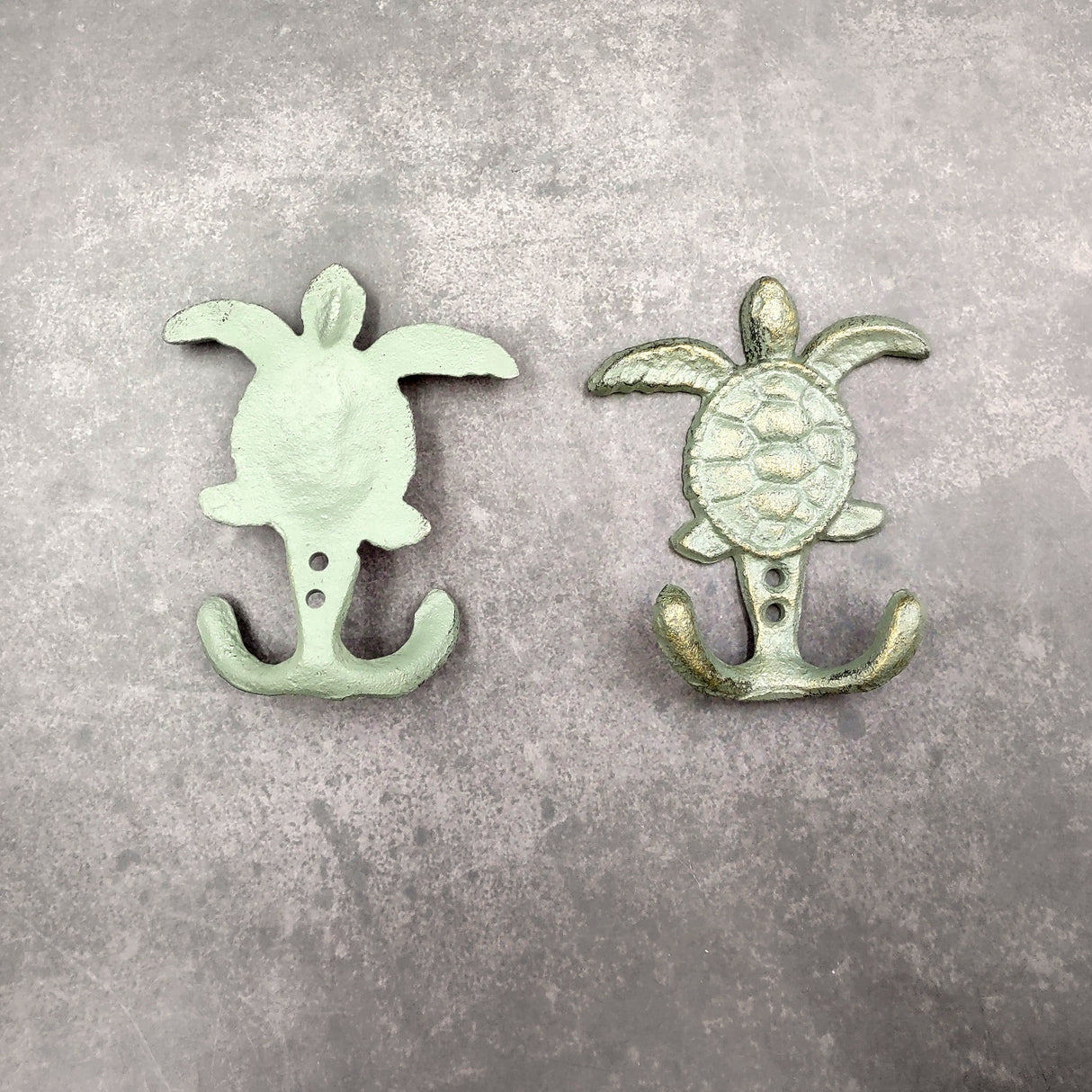 Cast Iron Sea Turtle Wall Hooks Green Gold Patina (1 metal hook approx. 4.75+ inches) Green Sea Turtle Double Wall Hook for coastal decor!