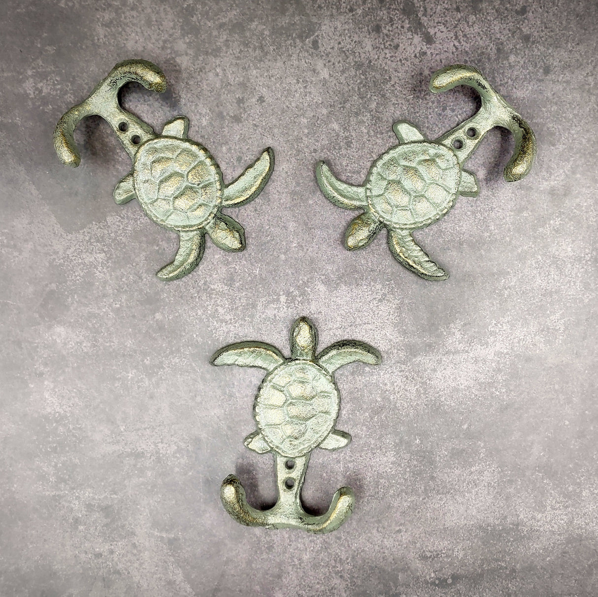 Cast Iron Sea Turtle Wall Hooks Green Gold Patina (1 metal hook approx. 4.75+ inches) Green Sea Turtle Double Wall Hook for coastal decor!