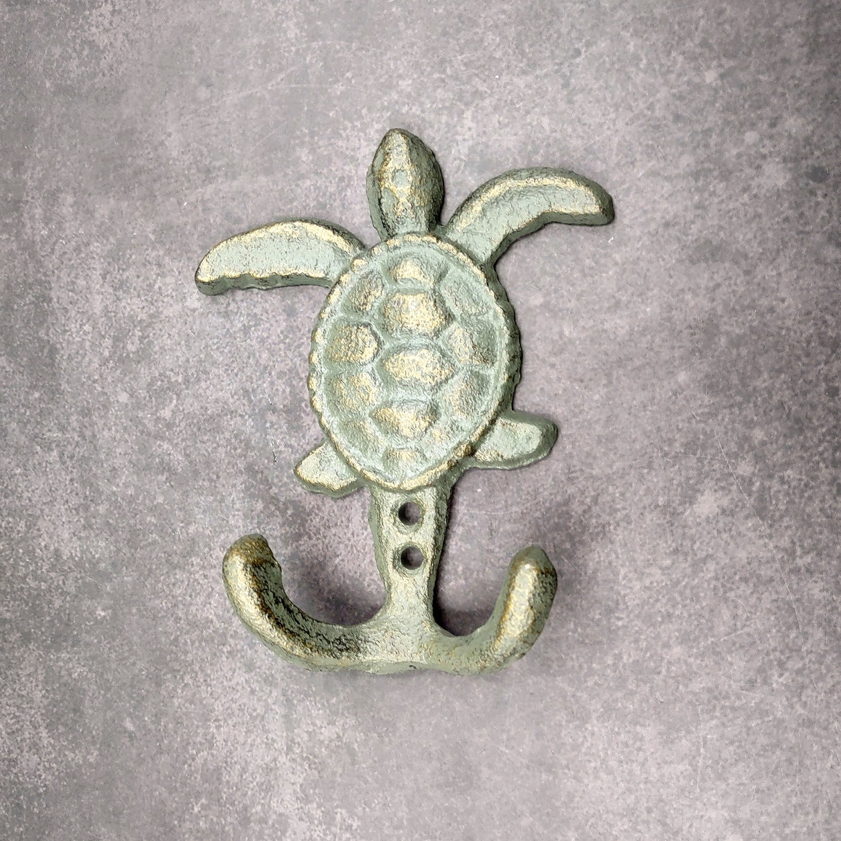 Cast Iron Sea Turtle Wall Hooks Green Gold Patina (1 metal hook approx. 4.75+ inches) Green Sea Turtle Double Wall Hook for coastal decor!