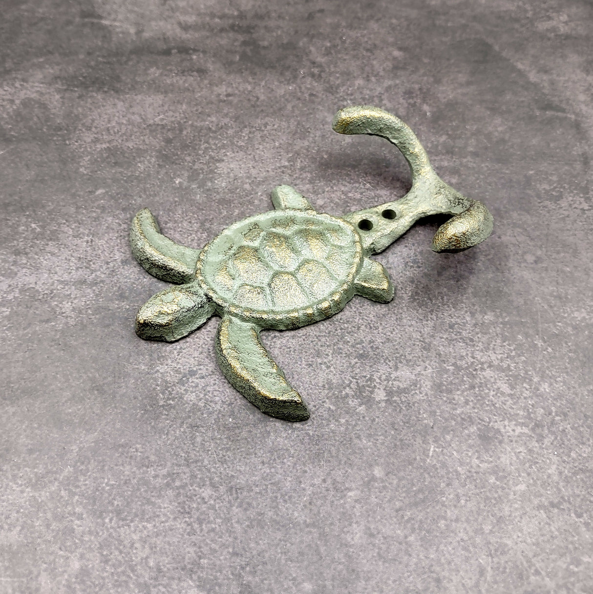 Cast Iron Sea Turtle Wall Hooks Green Gold Patina (1 metal hook approx. 4.75+ inches) Green Sea Turtle Double Wall Hook for coastal decor!