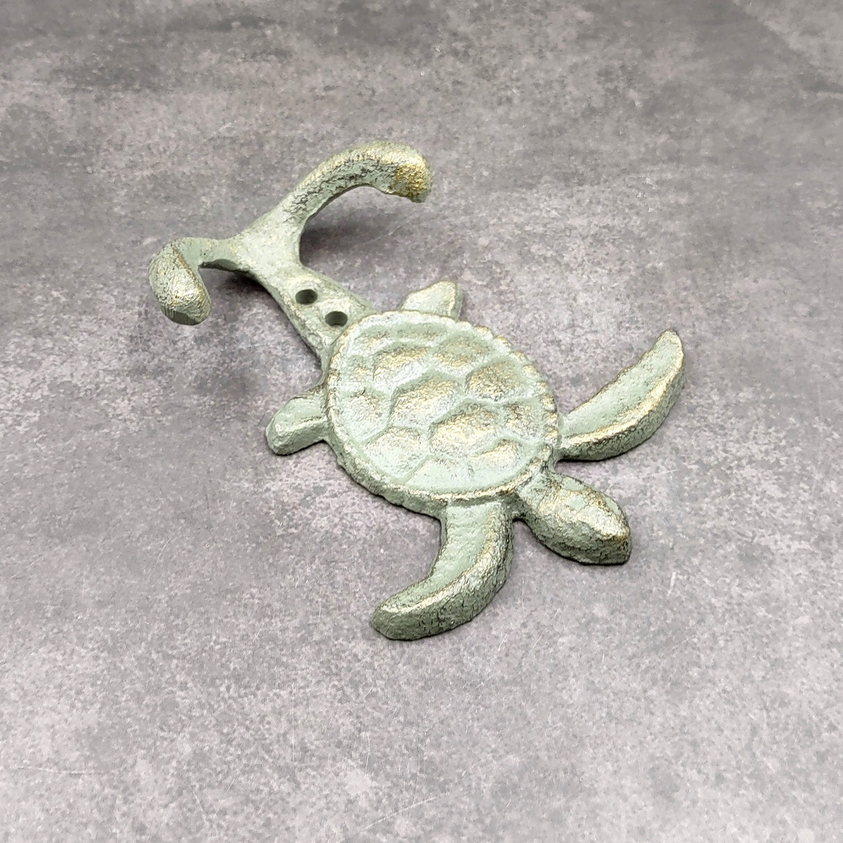 Cast Iron Sea Turtle Wall Hooks Green Gold Patina (1 metal hook approx. 4.75+ inches) Green Sea Turtle Double Wall Hook for coastal decor!