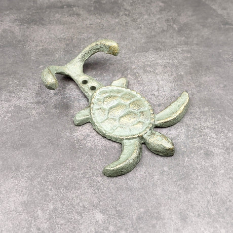 Cast Iron Sea Turtle Wall Hooks Green Gold Patina (1 metal hook approx. 4.75+ inches) Green Sea Turtle Double Wall Hook for coastal decor!