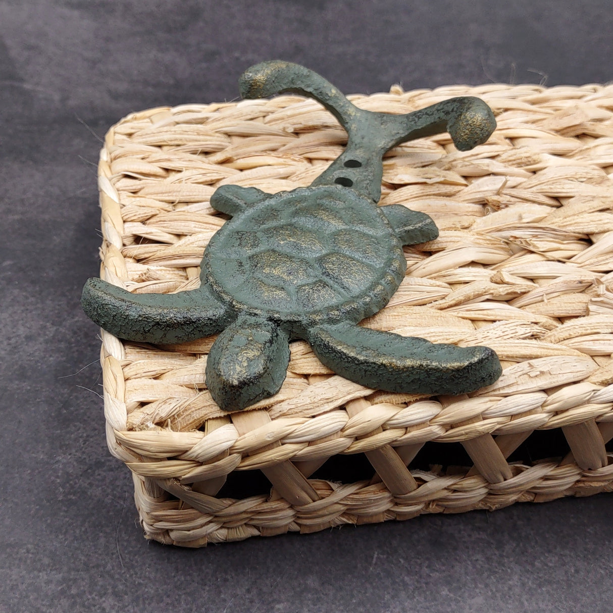 Cast Iron Sea Turtle Wall Hooks Green Gold Patina (1 metal hook approx. 4.75+ inches) Green Sea Turtle Double Wall Hook for coastal decor!