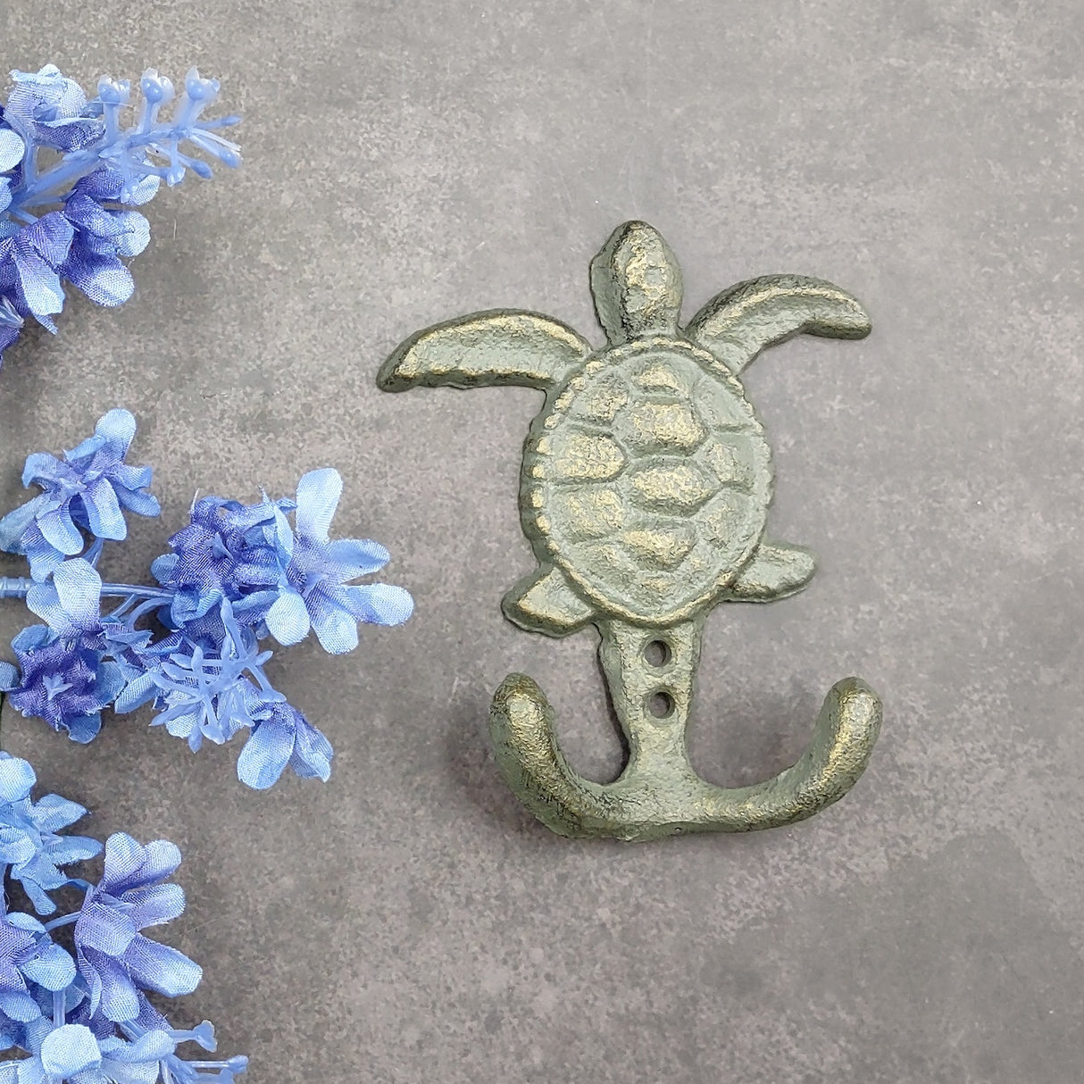 Cast Iron Sea Turtle Wall Hooks Green Gold Patina (1 metal hook approx. 4.75+ inches) Green Sea Turtle Double Wall Hook for coastal decor!