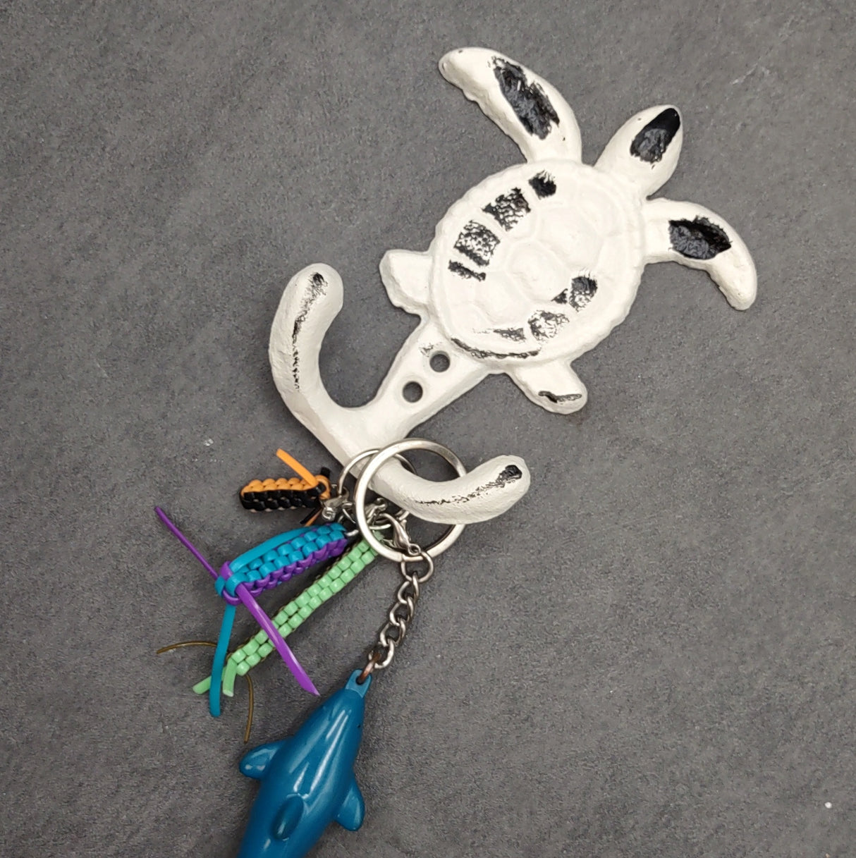 Cast Iron Sea Turtle Wall Hooks White Distressed (1 metal hook approx. 4.75+ inches) White Sea Turtle Double Wall Hook for coastal decor!