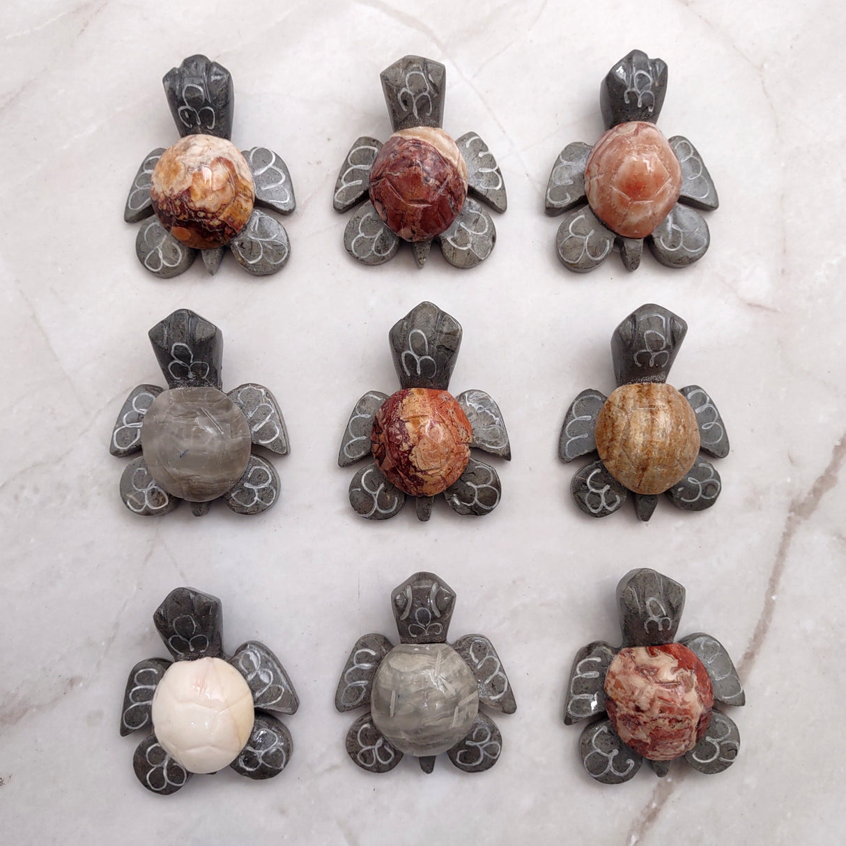 Natural Marble Stone Grey Sea Turtle (1 stone figure approx. 2+ inches) Carved Marble Turtle Figurine for coastal home décor & display!