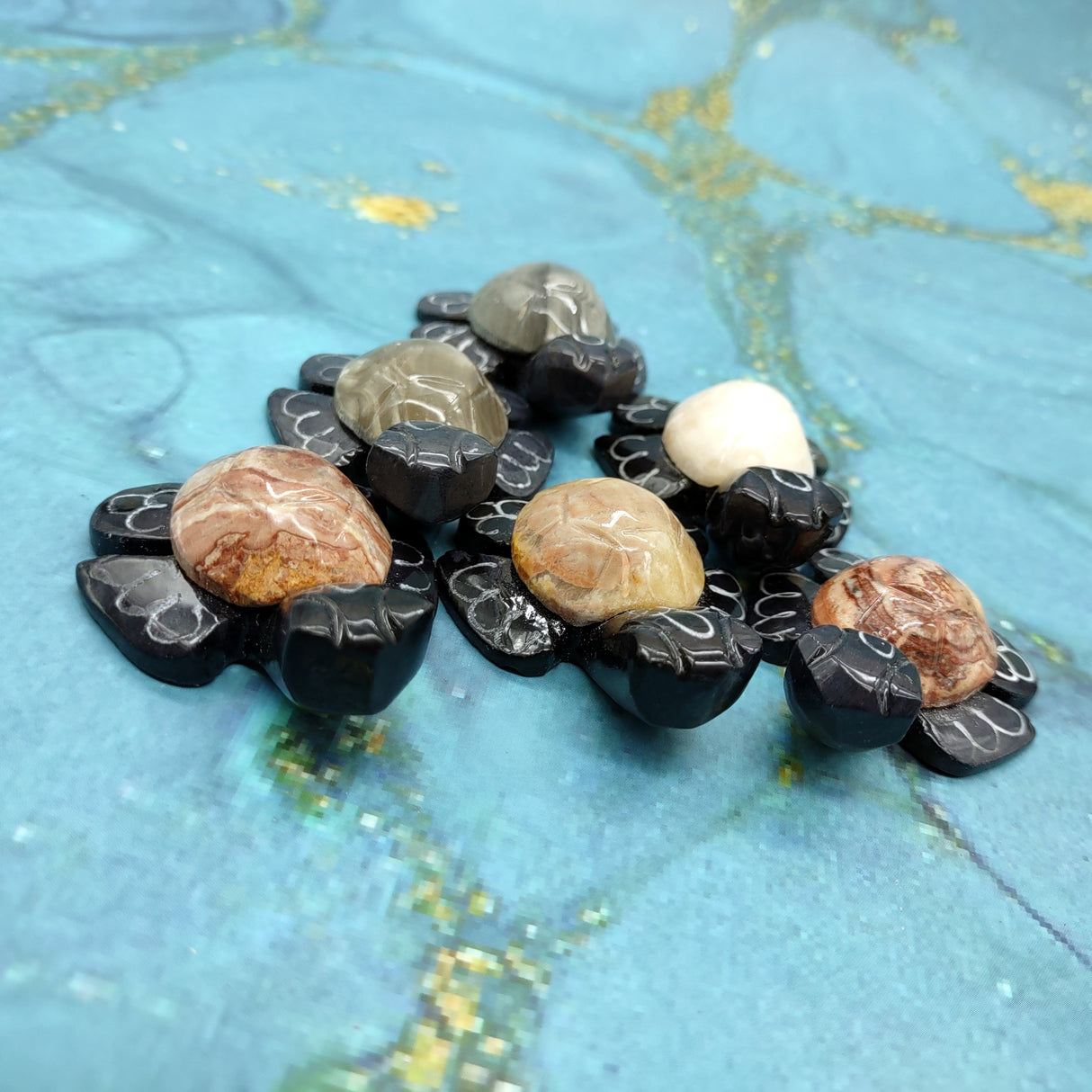 Natural Marble Stone Black Sea Turtle (1 stone figure approx. 2+ inches) Carved Marble Turtle Figurine for coastal home shelf decor!
